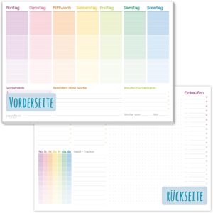 Häfft Trendstuff Weekly Planner / A4 Pad in Rainbow Colours / Without Fixed Date / 50-Sheet Organiser with To Do List and Shopping List / Large Box for Notes and Much More / Carbon Neutral and Sustainable [German Language]