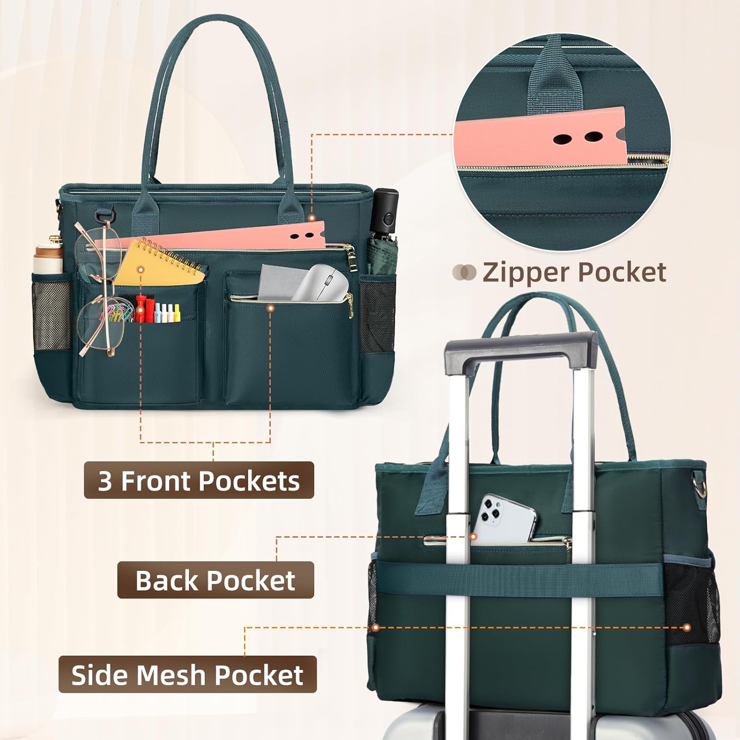 RAINSMORE Teacher Bag Women's Large Laptop Bag 15.6 Inch Work Bag with Insulated Bag Uni Nurse Bag for Work School Office Business University, dark green – Bild 5