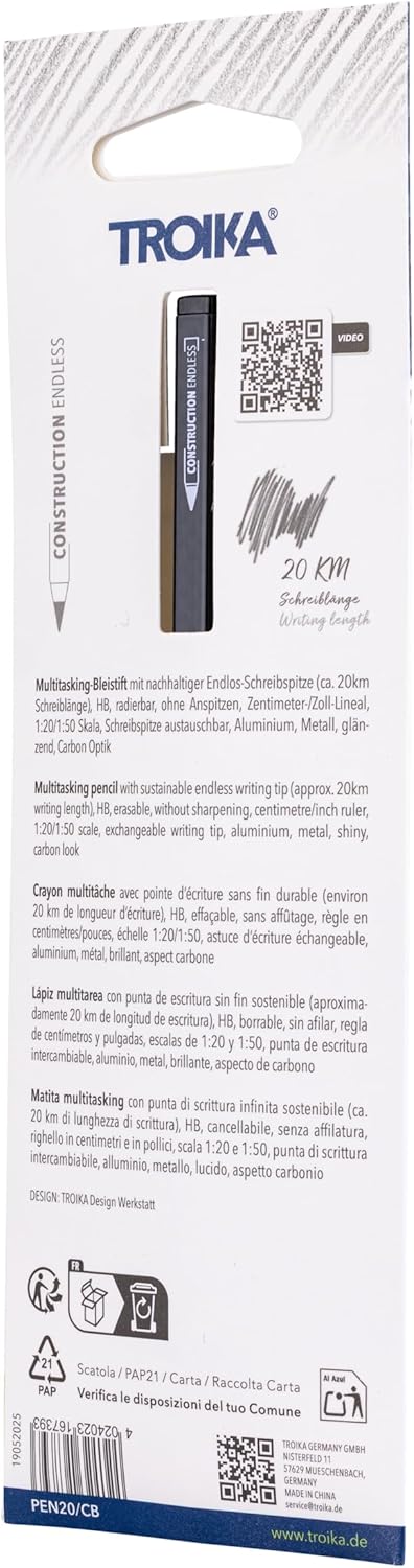 TROIKA Endless Lead Construction Endless Carbon Pencil with Centimetre / Inch Ruler Sustainable Continuous Writing Tip (Approx. 20 km) Interchangeable Aluminium Metal in Carbon Look – Bild 5