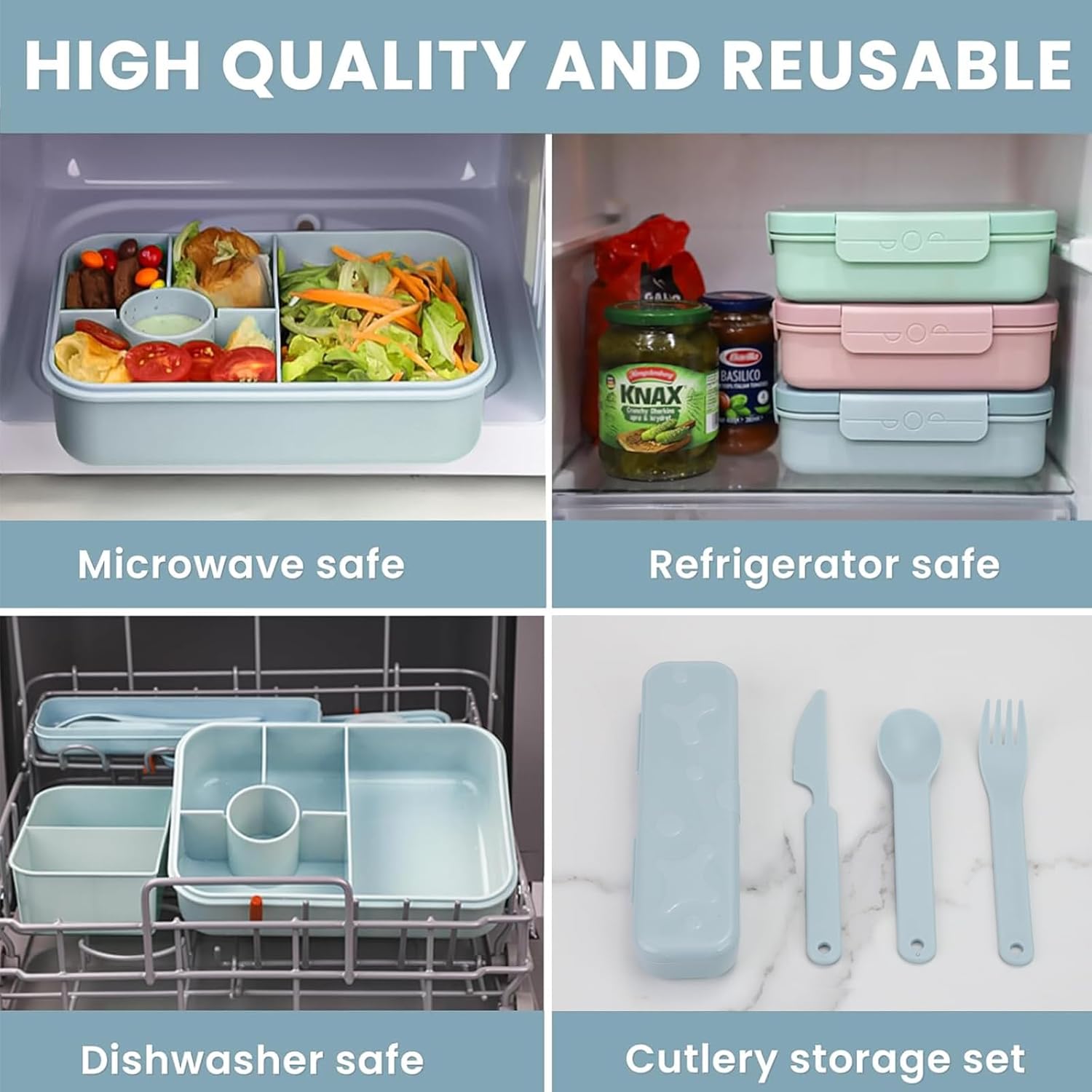 Bugucat Children's Lunchbox with Compartments, 1300 ml, Leak-Proof, Bento Box with Cutlery Set, Sandwich Box for Adults, Breakfast Box for Girls and Boys, Blue – Bild 5