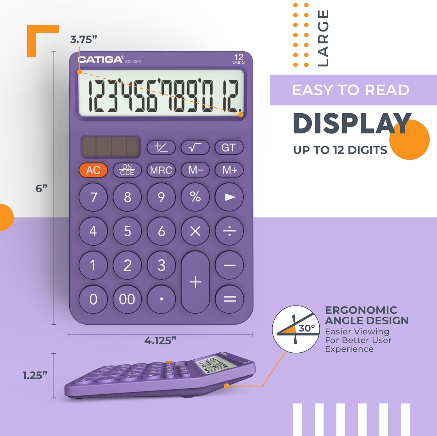 CATIGA 12 Digit Desktop Calculator with Large LCD Display, Round Design, Big Button, Solar and Battery Dual Power, Standard Function for Office, Home, School, SD-1292 – Bild 3