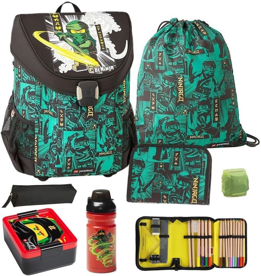 Familando Lego Easy Green Ninjago School Bag Set 7 Pieces with Pencil Case Lunch Box and Water Bottle