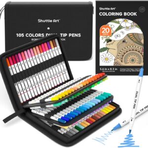 Shuttle Art Dual Brush Pens, 105 Colourful Double-Headed Brush Pens with Soft Tip, Two Nibs: Fibre Tip Pens (1 mm) and Fineliner (1-4 mm), for Children and Adults with 1 Colouring Book for Writing