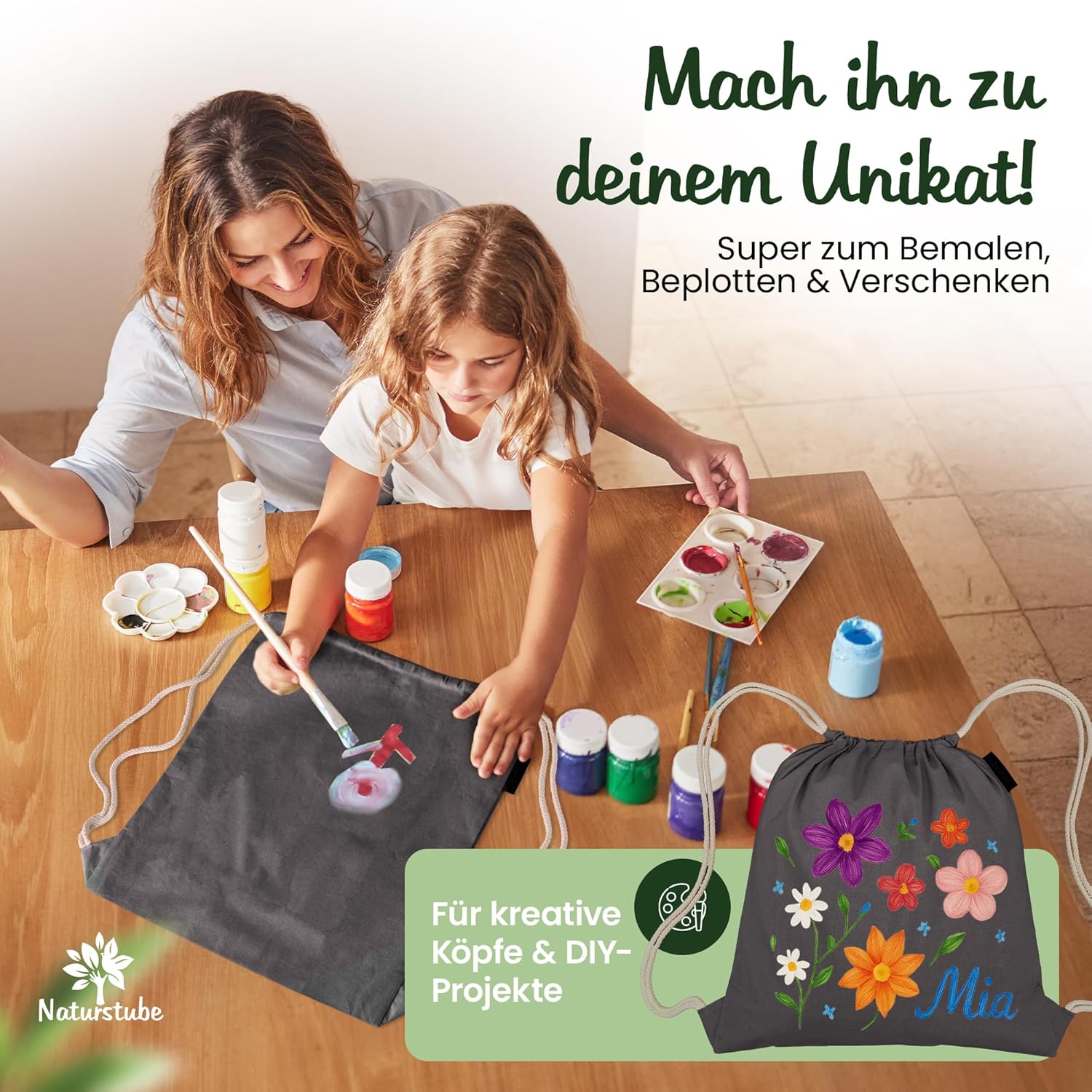 Cotton Gym Bag (1 Piece, 38 x 42 cm) Oeko-Tex® Certified | Fabric Bag & Sports Bag for Painting | Jute Bag for Festival | Women, Men & Children | Plastic-Free Packaging – Bild 6