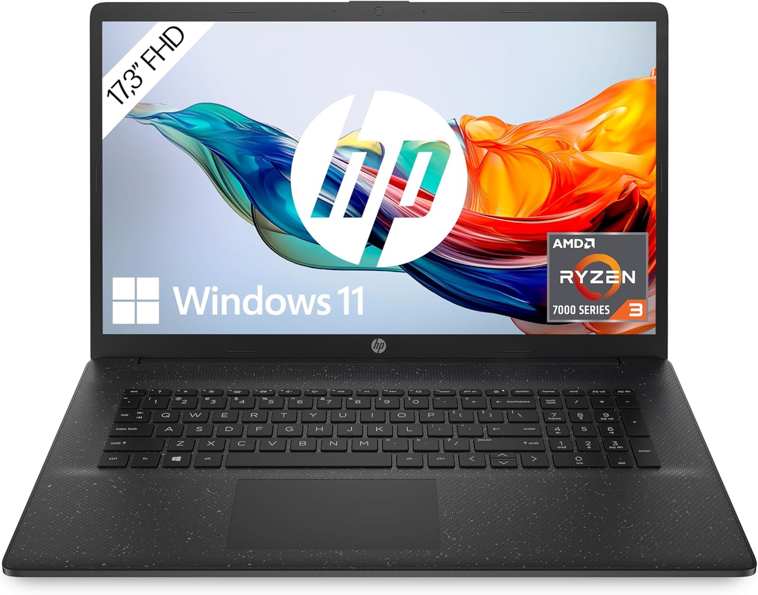 HP Laptop with 17.3" FHD Display, AMD Ryzen 3 7320U, 8GB DDR5 RAM, 512GB SSD, AMD Radeon Graphics, Windows 11, QWERTZ, Black with 25GB Dropbox Memory for 12 Months