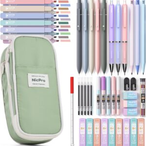 Nicpro 50 Pieces School Supplies with Pencil Case, 5 Retractable Black Gel Pens, 12 Colors Highlighter, 6 Mechanical Pencil 0.5 & 0.7 & 0.9 & 2.0mm, Ideal Student Accessories for Writing and Drawing