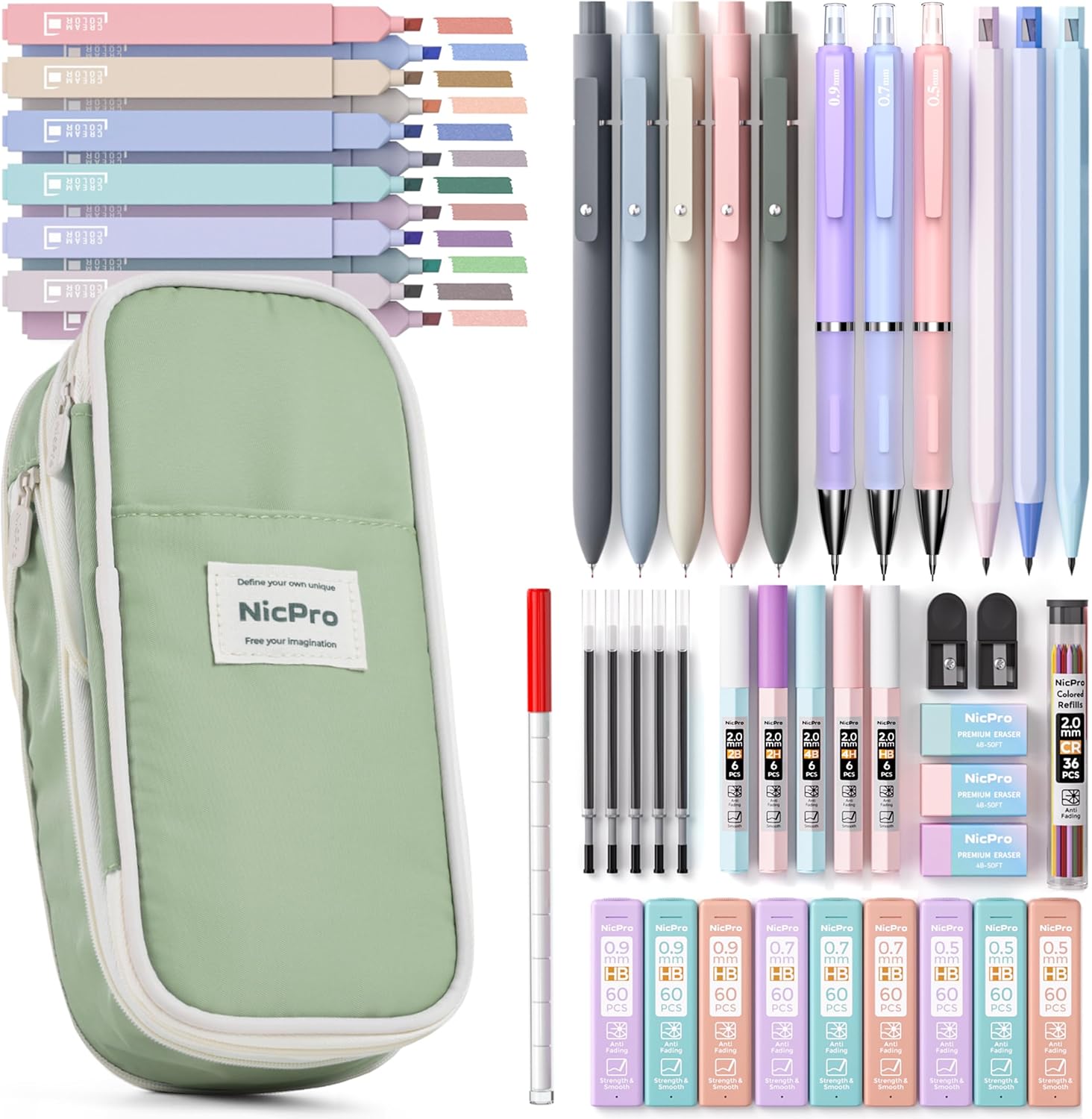 Nicpro 50 Pieces School Supplies with Pencil Case, 5 Retractable Black Gel Pens, 12 Colors Highlighter, 6 Mechanical Pencil 0.5 & 0.7 & 0.9 & 2.0mm, Ideal Student Accessories for Writing and Drawing