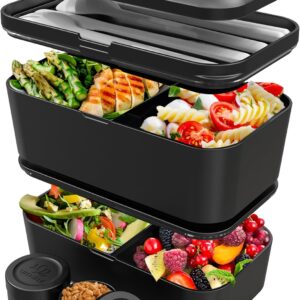 Umami Adult Lunch Box, Nestable Leak-Proof Bento Box with 4 Cutlery & Compartments, Adult Lunch Box, Salad Container To-Go, Lunch Box for Picnic/Office, Black Onyx, 1500 ml
