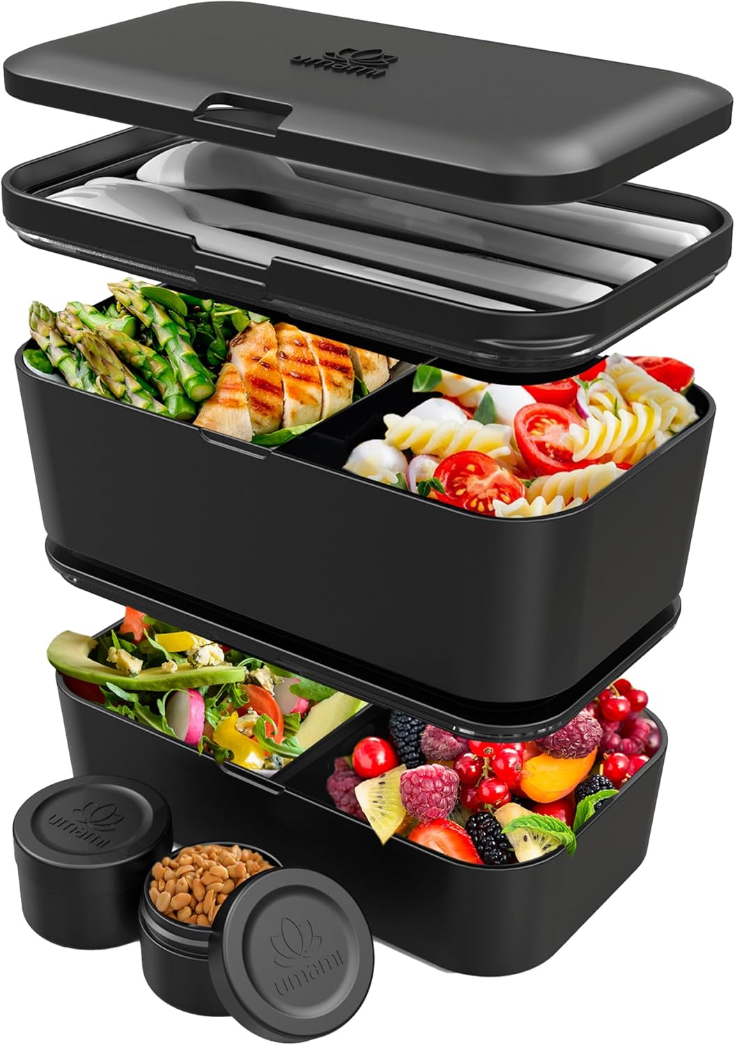 Umami Adult Lunch Box, Nestable Leak-Proof Bento Box with 4 Cutlery & Compartments, Adult Lunch Box, Salad Container To-Go, Lunch Box for Picnic/Office, Black Onyx, 1500 ml
