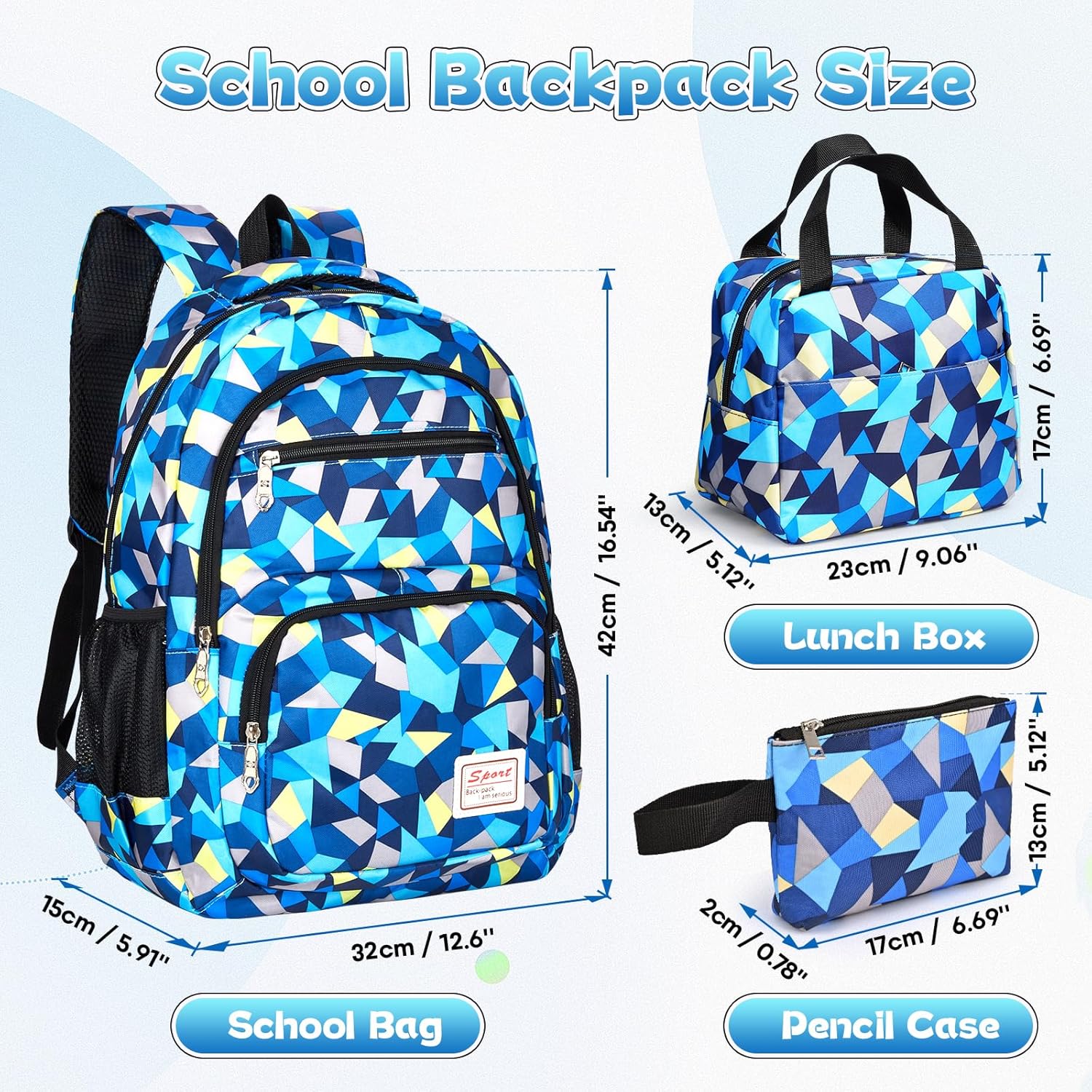 School Backpack Set for Teenagers with Lunch Bag and Pencil Bag, School Bag for Boys and Girls 4+ Grade, Blue – Bild 2