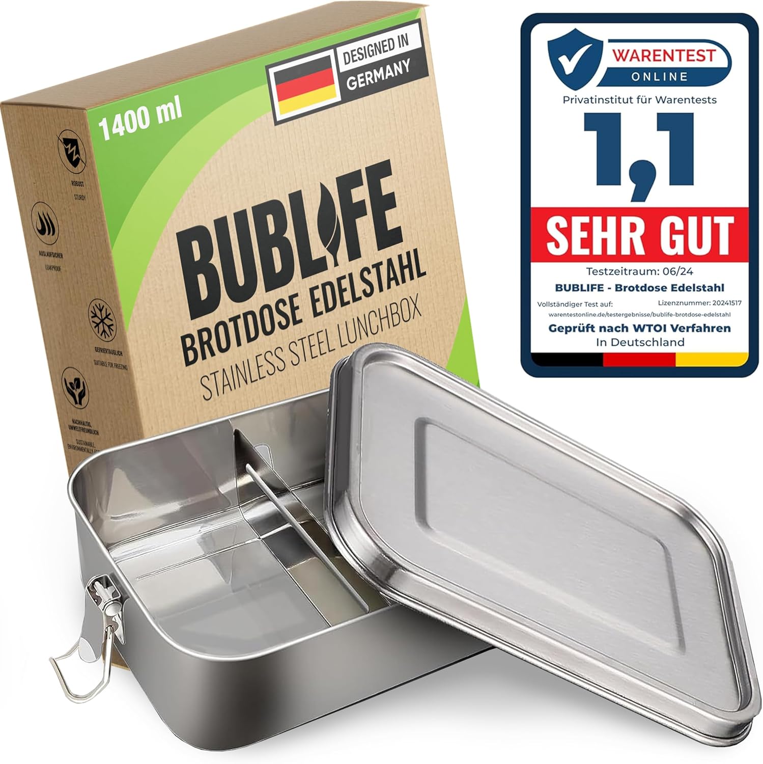 1400 ml Lunch Box, Children's Lunch Box with Compartments, Bento Box Children, Lunch Box, Adult Lunch Box, Stainless Steel Tin with Compartments, Lunch Box for Adults