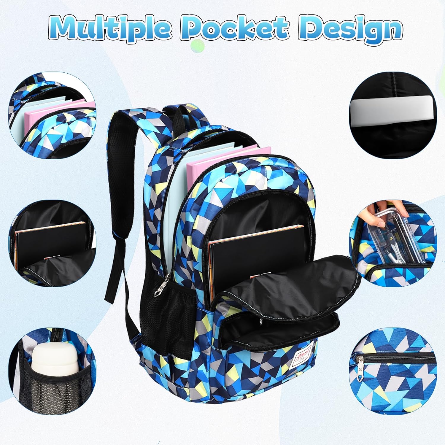 School Backpack Set for Teenagers with Lunch Bag and Pencil Bag, School Bag for Boys and Girls 4+ Grade, Blue – Bild 3