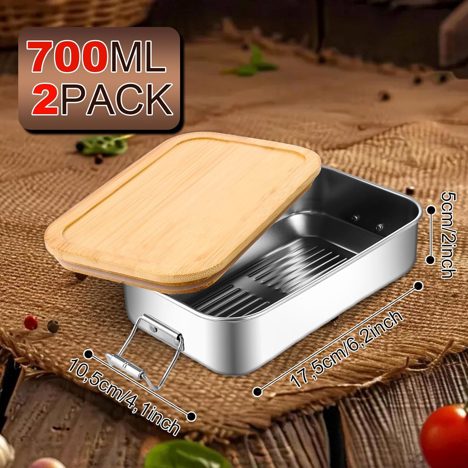 SHUESS Set of 2 Stainless Steel Children's Lunch Box 700 ml with Bamboo Lid - Leak-proof Metal Lunch Box Stainless Steel Reusable - Lunch Boxes, Lunch Box Stainless Steel Metal for School Adults – Bild 2