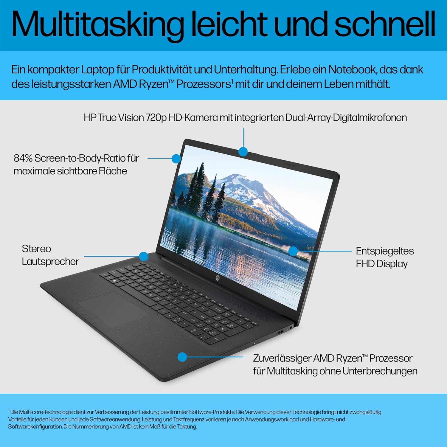 HP Laptop with 17.3" FHD Display, AMD Ryzen 3 7320U, 8GB DDR5 RAM, 512GB SSD, AMD Radeon Graphics, Windows 11, QWERTZ, Black with 25GB Dropbox Memory for 12 Months – Bild 9