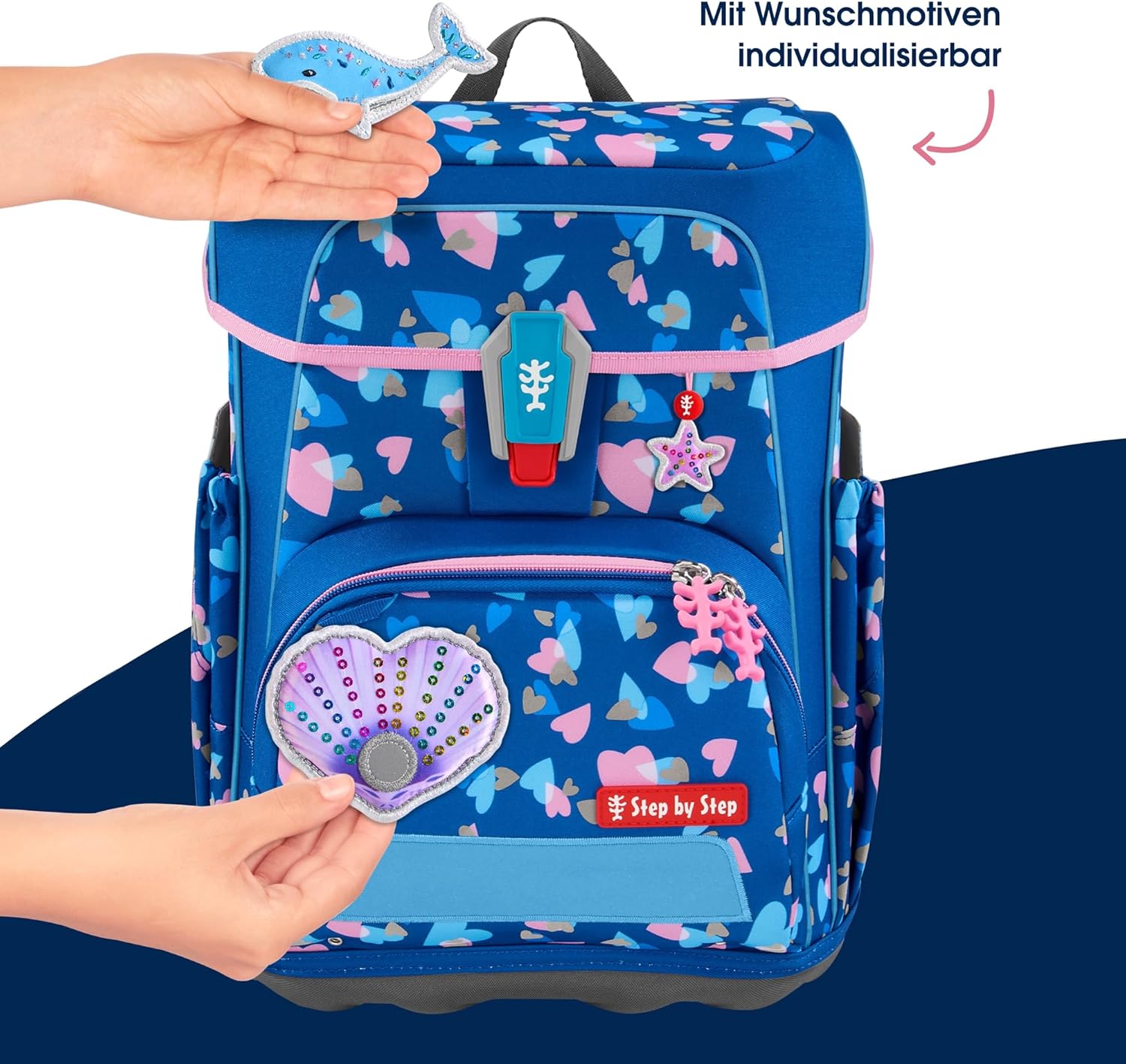 Step by Step Cloud Reflect School Bag Set, 5 Pieces, Ergonomic Satchel with Reflectors, Height Adjustable with Waist Belt for Boys from 1st Grade, 19 L, Seashell Pearl - Blue-Pink – Bild 7