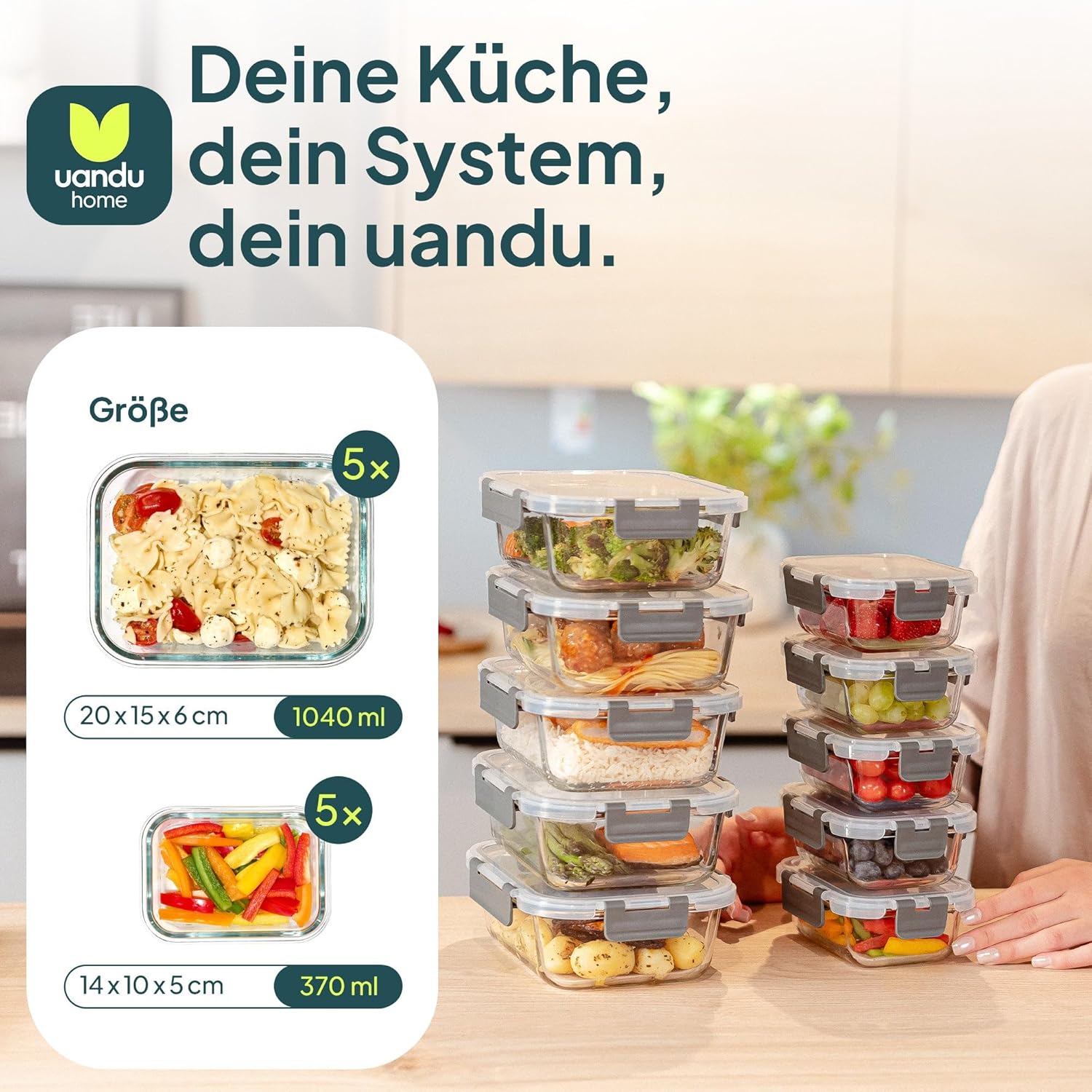 uandu Glass Container with Lid, 10-Piece Meal Prep Jars, Food Storage Containers Glass with Lid, Glass Jars with Lid Set, Meal Prep Boxes Glass – Bild 2