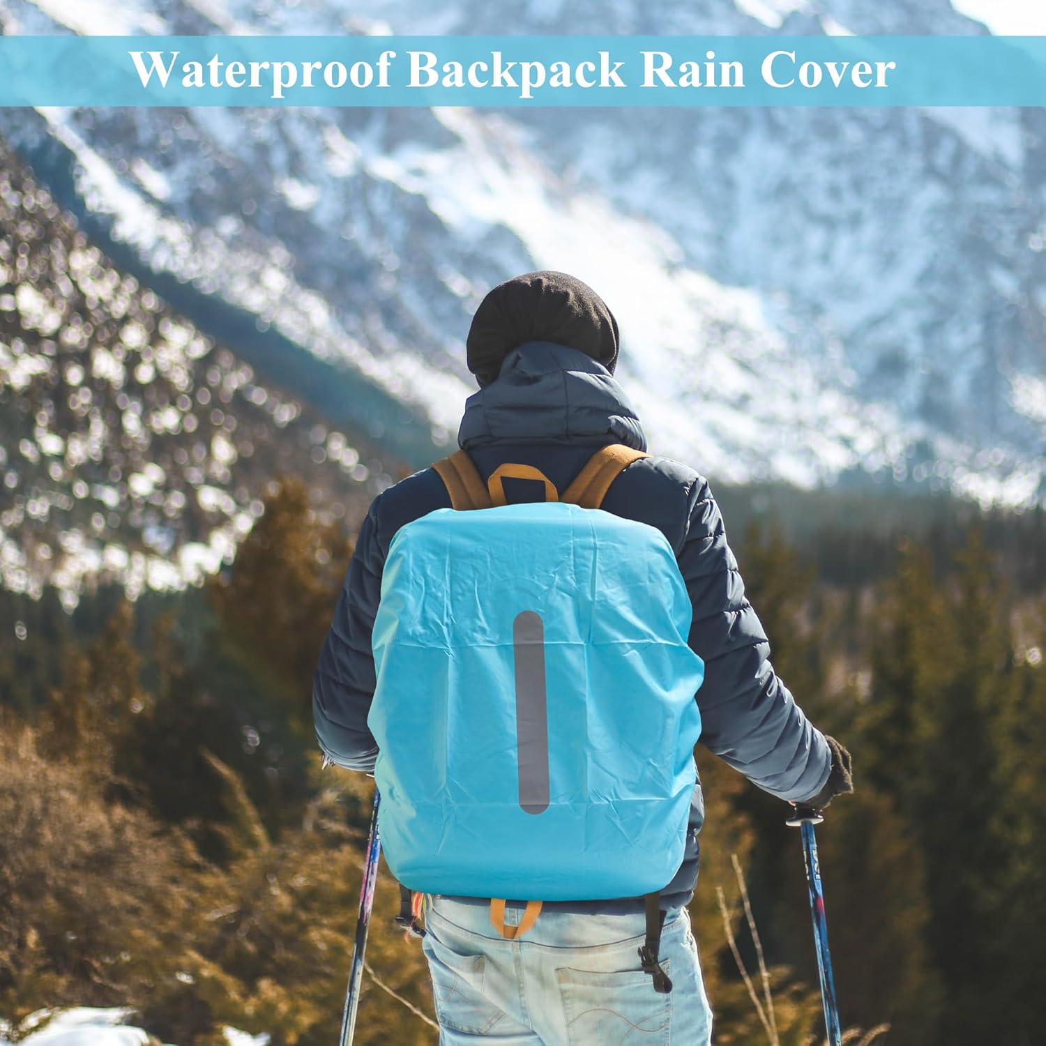 Rain Cover for Backpacks with Reflective Strips, 15L-50L Waterproof Backpack Rain Cover with Storage Bag, Rain Cover School Bag for Hiking, Camping, Travel, Cycling – Bild 6
