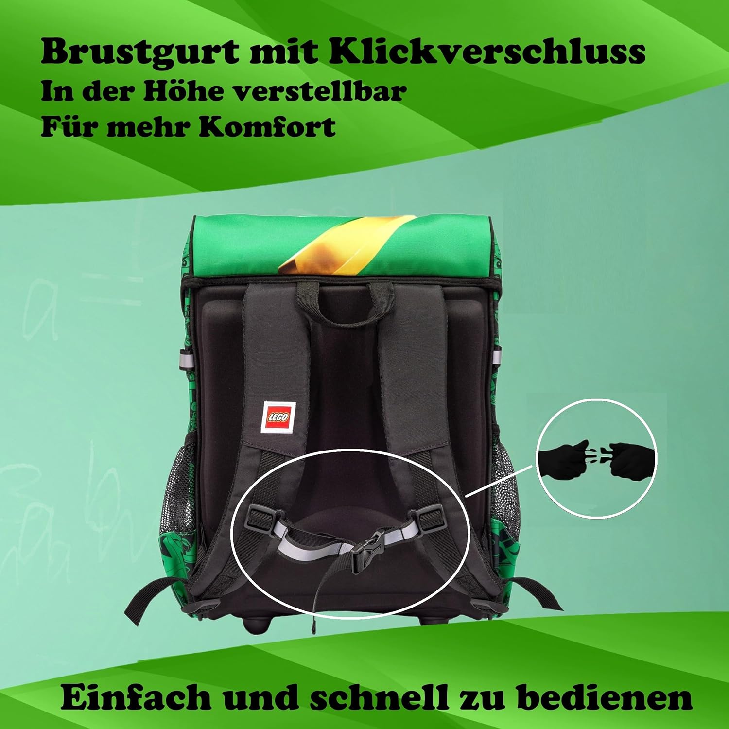 Familando Ninjago Boys' School Bag Set - With Sports Bag Can Bottle School Cone - Ergonomically Stable 790 g Lightweight 16 L Volume - Chest Strap Reflectors Rain Cover - Complete Set 1st Class Primary School – Bild 5
