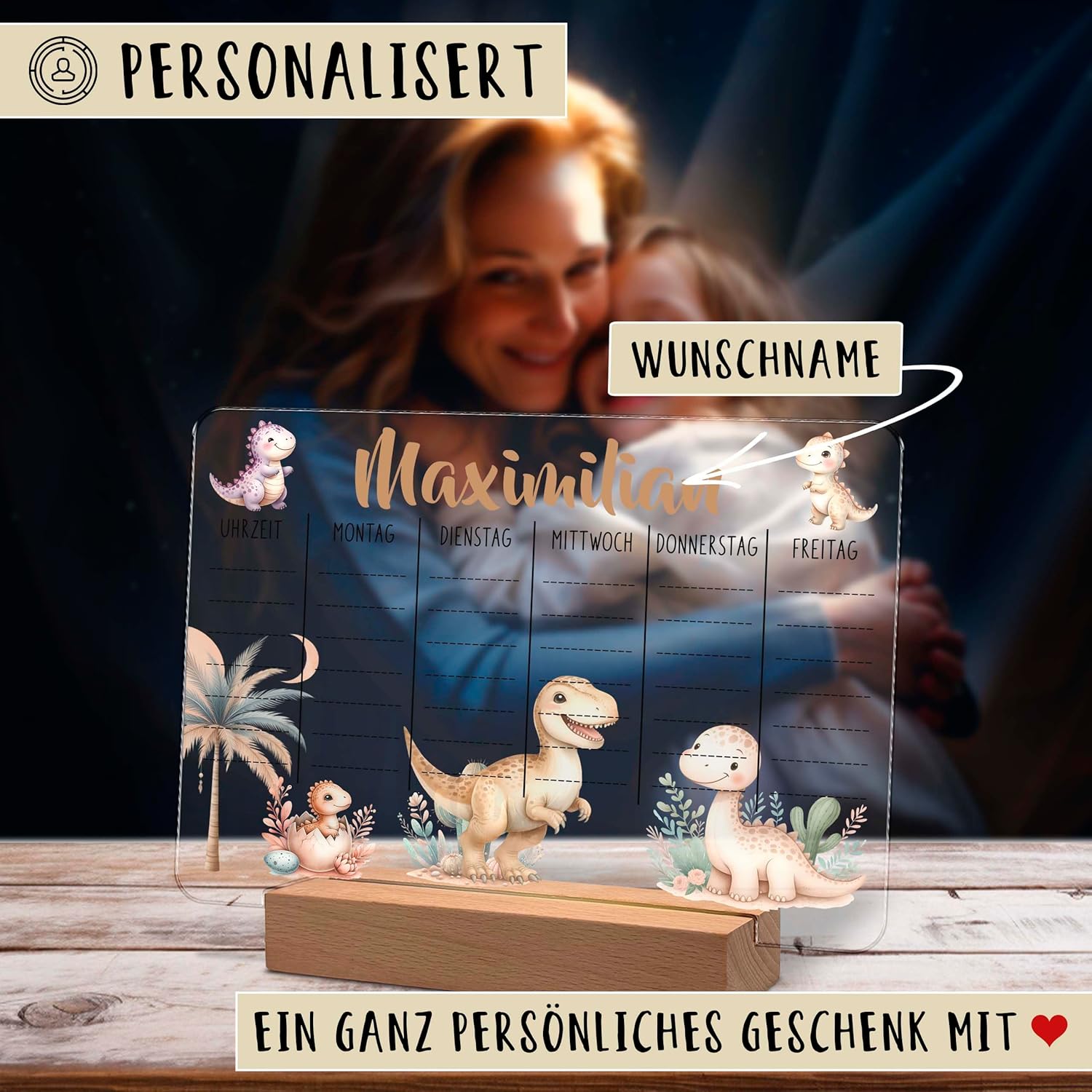 Personalised Acrylic Glass Timetable 20 x 15 cm with Name Optional LED Wooden Base Warm White Gift for Starting School Primary School Dino – Bild 4