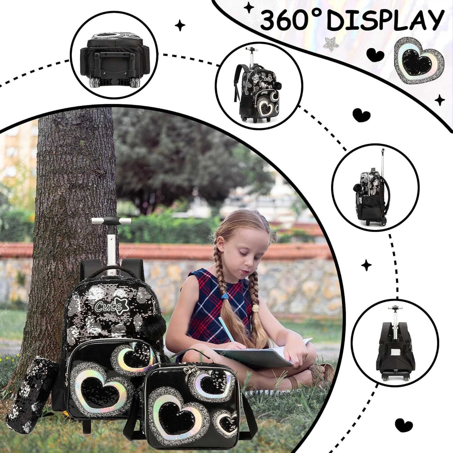 HTgroce Trolley Backpack with Wheels, Pencil Case, Lunch Bag, 3-in-1 Lightweight Rolling School Bag for Girls, School Bags Trolley Sets, Black Heart – Bild 4