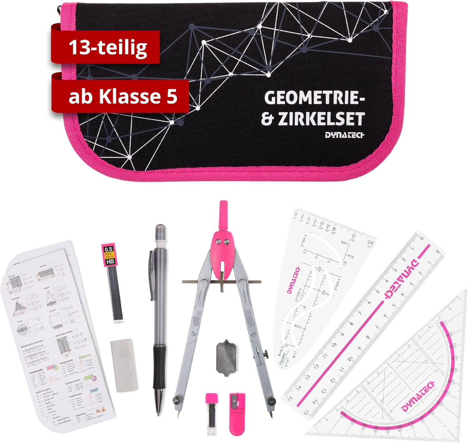 DynaTech Compass Set Geometry Set 13 Pieces with Quick Adjusting Compass, Set Square, Parabola, Pencil, Ruler, Sharpener and Replacement Leads in Case Pink - Practical Mathematics Set Including Pencil Case