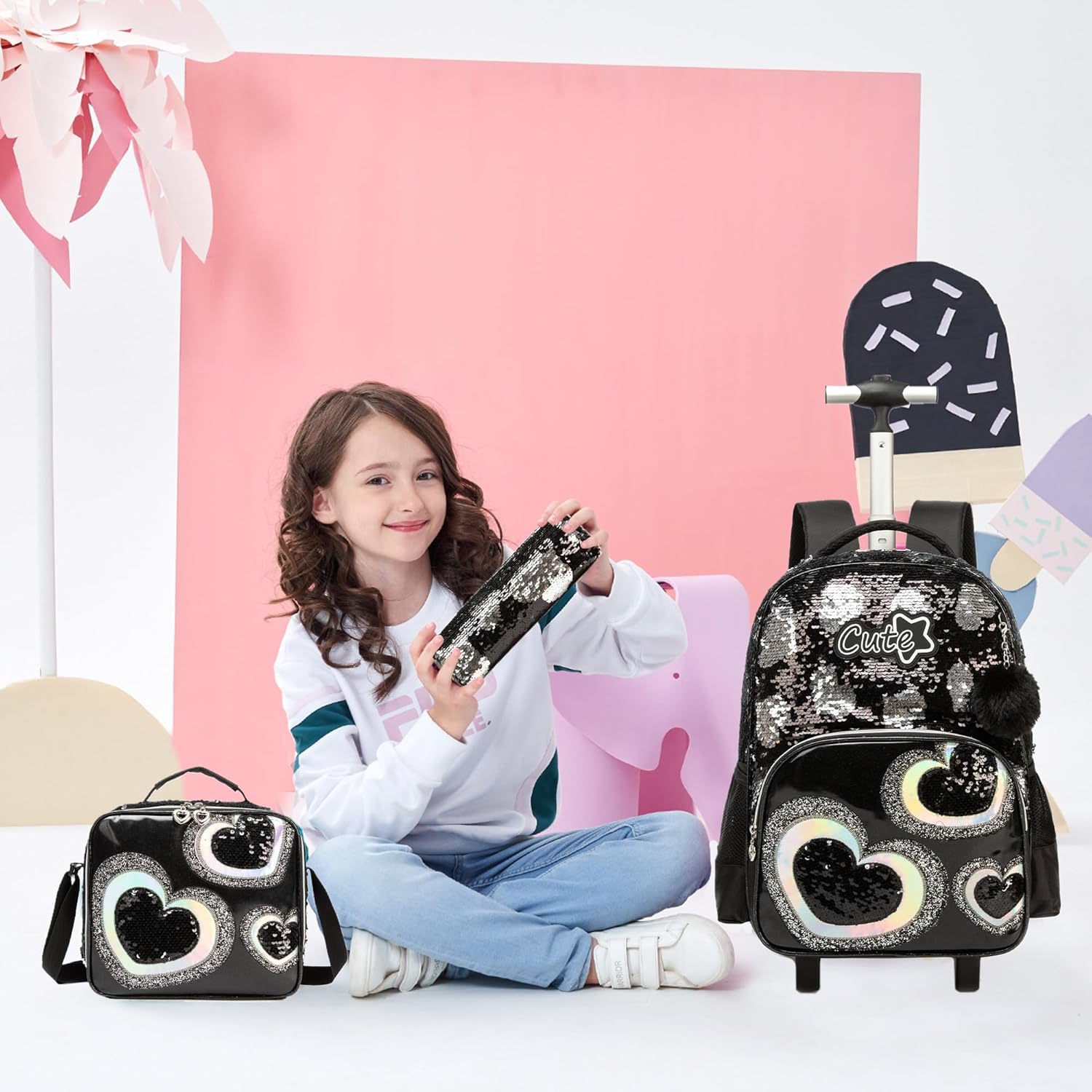 HTgroce Trolley Backpack with Wheels, Pencil Case, Lunch Bag, 3-in-1 Lightweight Rolling School Bag for Girls, School Bags Trolley Sets, Black Heart – Bild 7