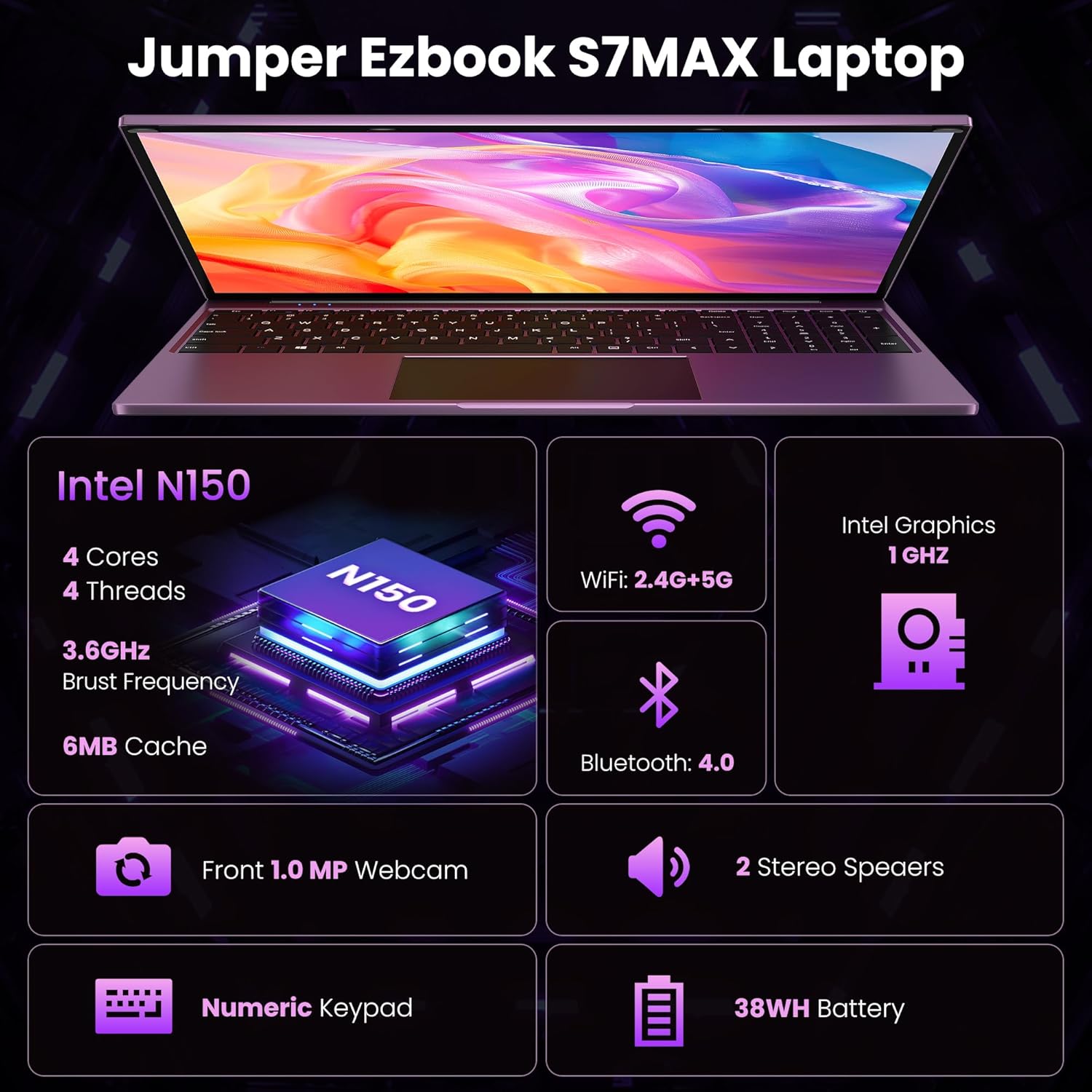 jumper Laptop 16 Inch IPS 1920 x 1200, Intel N150 (3.6 GHz), 16GB RAM 1TB SSD + 128GB eMMC Notebook, 2 Stereo Speakers, USB 3.0/Mini HDMI/38Wh Battery (Purple) – Bild 2