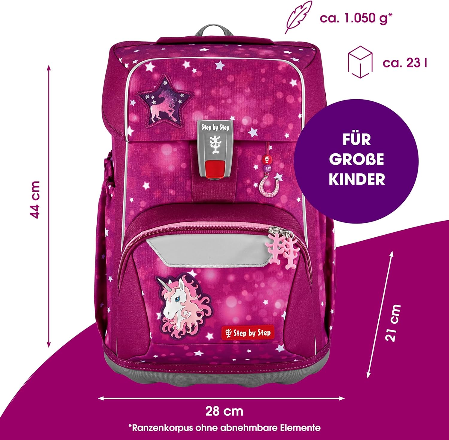 Step by Step Giant Sweet Unicorn Nuala School Bag Set, 5 Pieces, Pink, Ergonomic Satchel with Reflectors, Height Adjustable with Hip and Chest Strap, for Girls from 1st Grade, 23 Litres – Bild 2