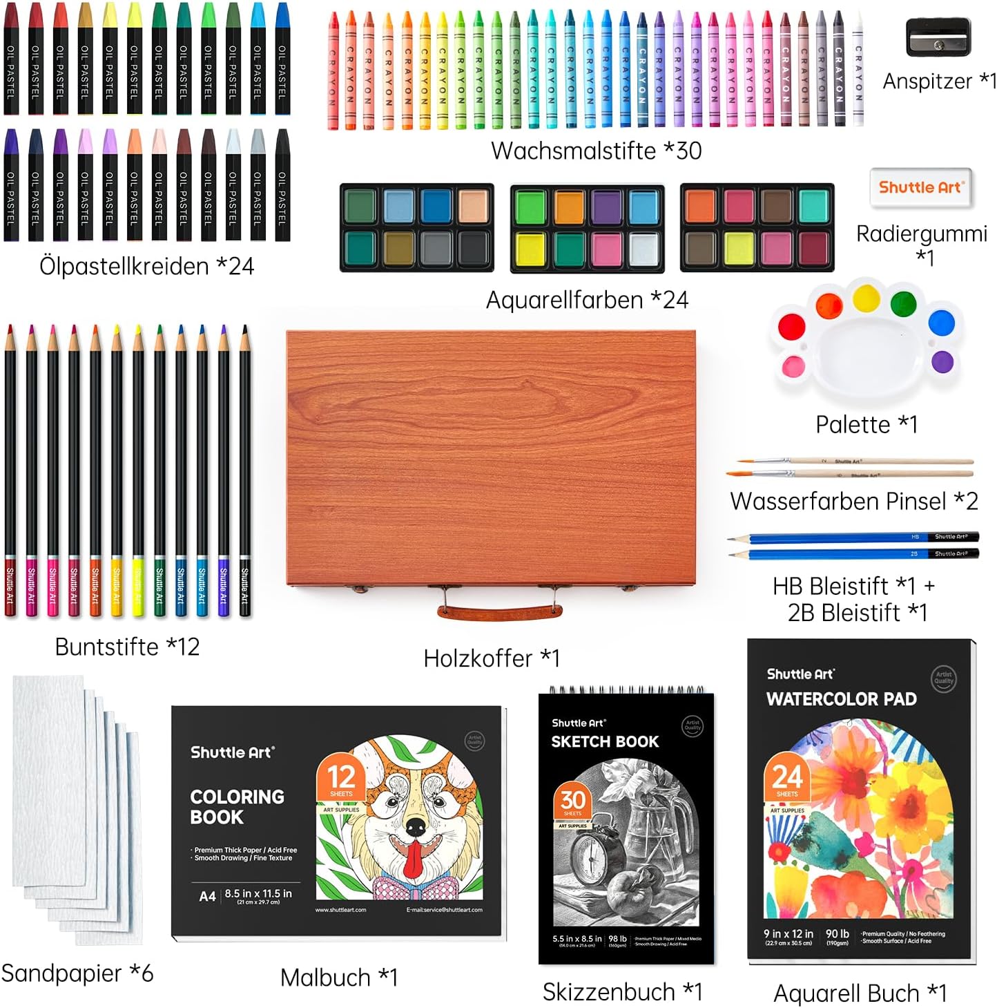 Shuttle Art 106 Piece Painting Set, Deluxe Painting Case with Colouring Pencil, Oil Pastel, Watercolour Paints, Wax Crayons, Colouring Book, Watercolour Pad, Wooden Case, Artist Case, Painting Set for Children and Adults – Bild 2