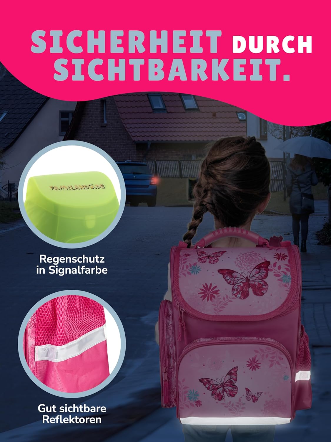 Familando School Bag 1st Class · Ergonomic Satchel · School Bag for Boys and Girls (9-Piece Set with Sports Bag, Butterfly Butterflies Pink) – Bild 4