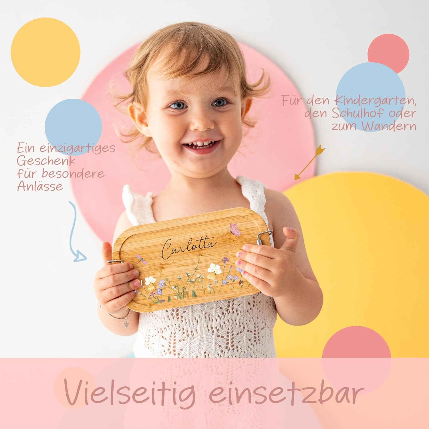 Personalised Lunch Box for Children with Special Print - Robust Stainless Steel Lunch Box - Personalised Gifts for Children and Adults (Flower Meadow, Small Tinplate) – Bild 2