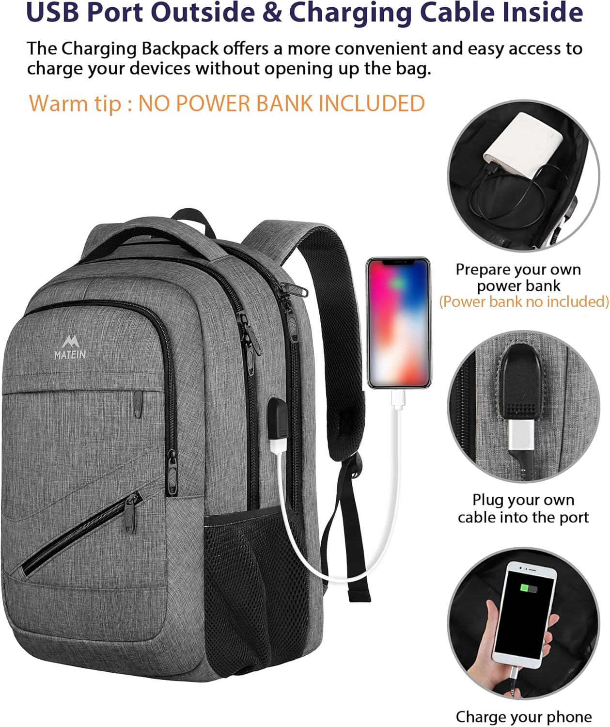 MATEIN Laptop Backpack Men's 17 Inch Large Waterproof Backpack Men's Travel Bag Work Business School Backpack with USB Charging Port, Anti Theft TSA Backpack Teenager Daypack, Grey – Bild 4