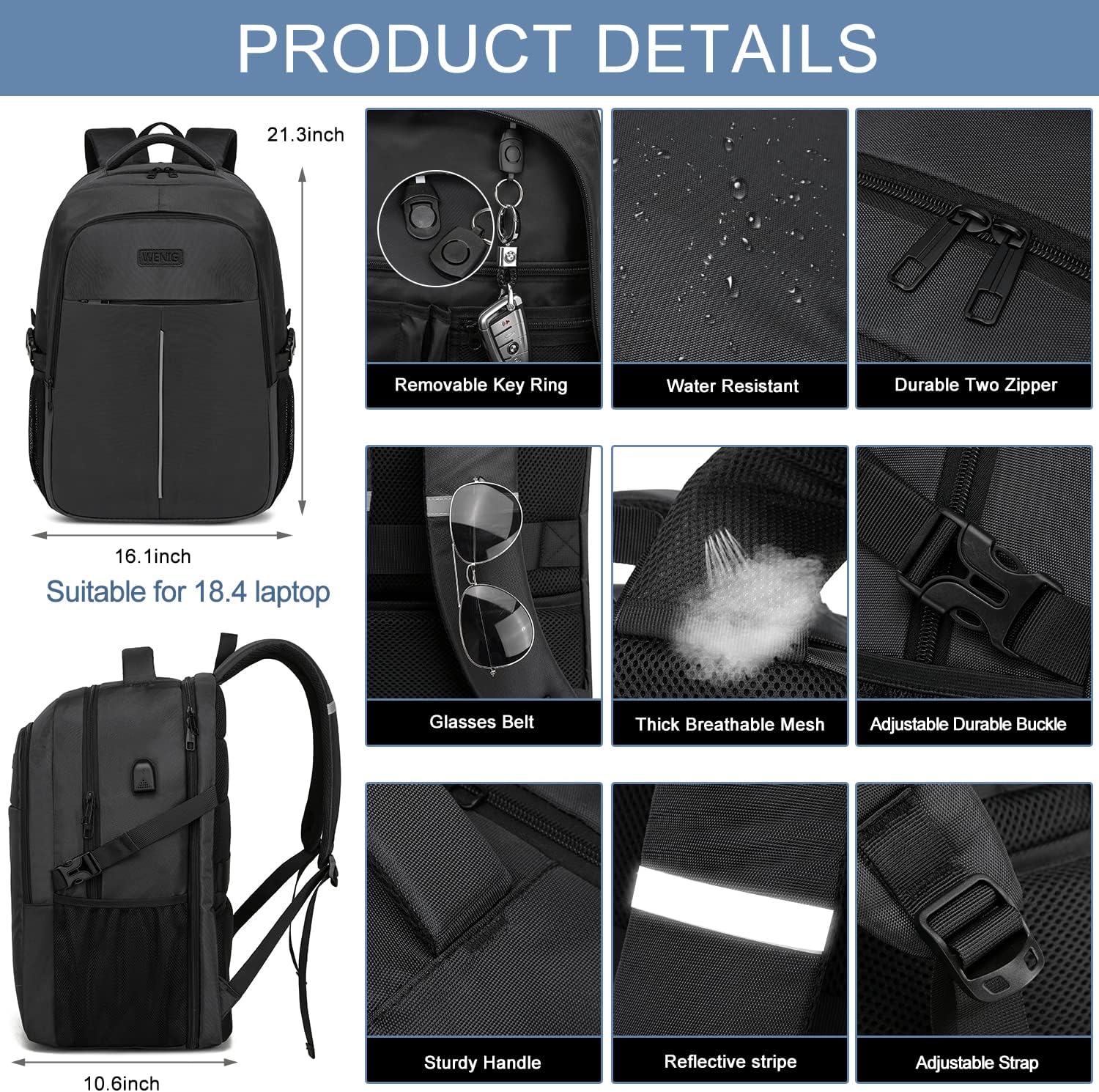 Extra Large Backpack Men's 55L 18.4 Inch Laptop for School Work with USB Charging Port Waterproof Business Travel Notebook Bag School Backpack for Men Women Boys Teenagers Black – Bild 4