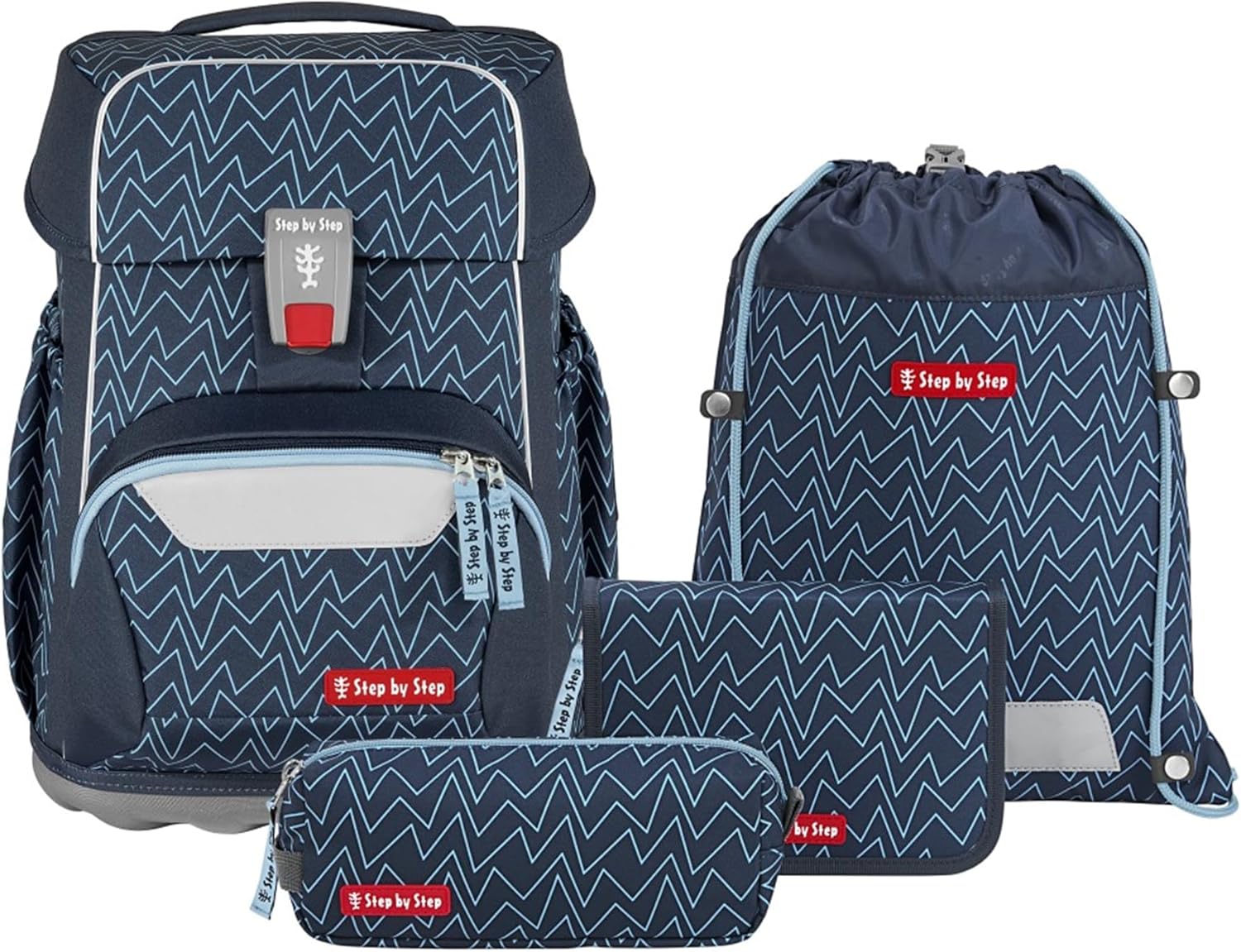 Step by Step Basis Blue Lines School Bag Set, 4 Pieces, Blue, Ergonomic Satchel with Reflectors, Hip and Chest Strap, for Children from 1st Grade, 20 Litres, Blue Lines, Casual