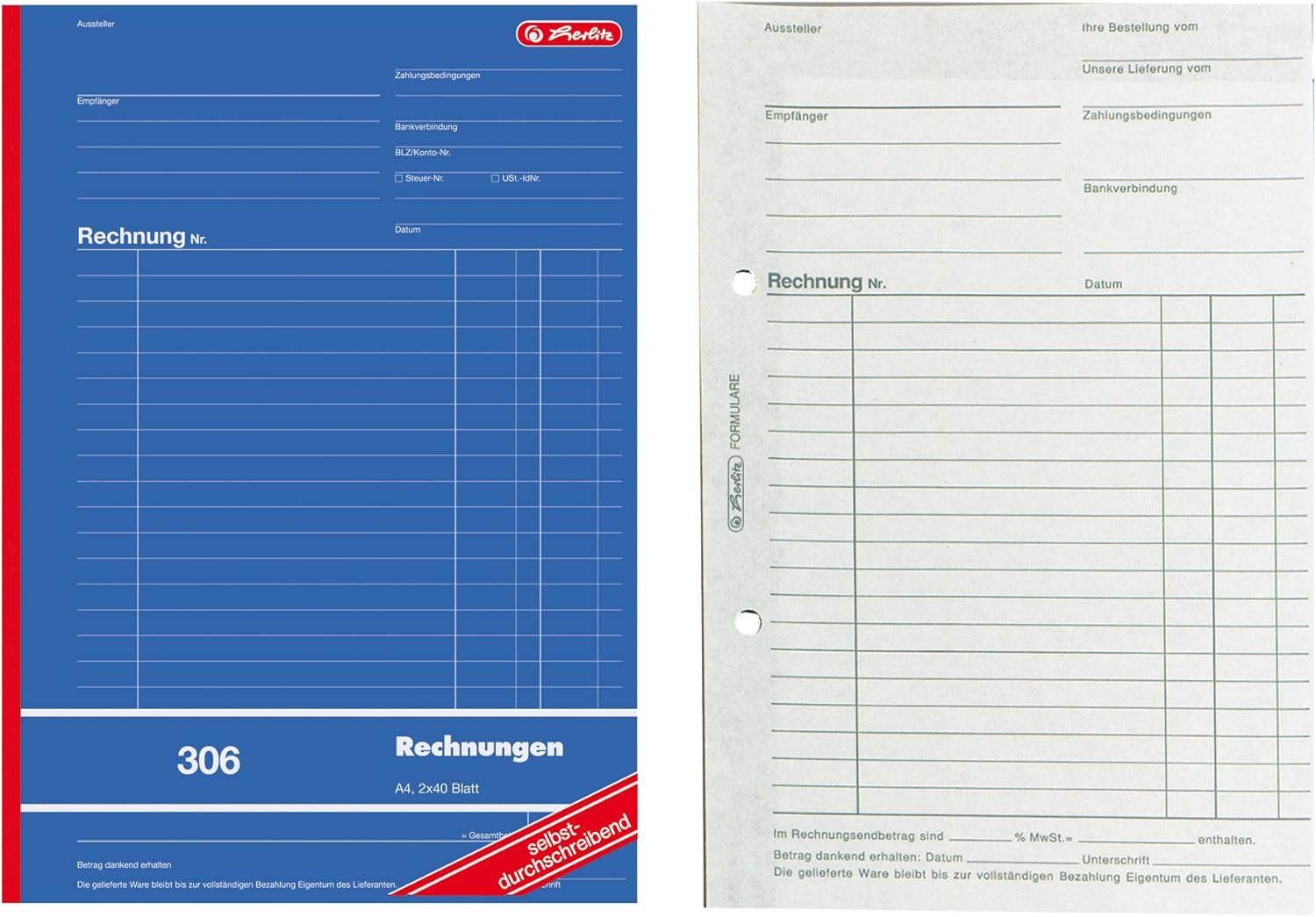 Herlitz A4 888420 Account Book 306, 2x 40 Sheets Self-Copying