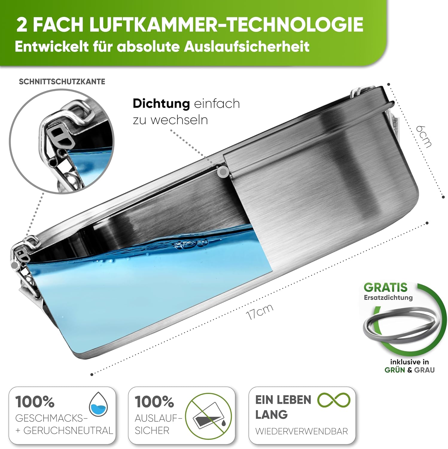 Blockhütte® Premium Stainless Steel Lunch Box (800 ml) for Children, Includes Compartments and Replacement Seal – The Food Storage Container with Divider is Leak-Proof – Small Lunch Box, 800ml, Silver – Bild 4