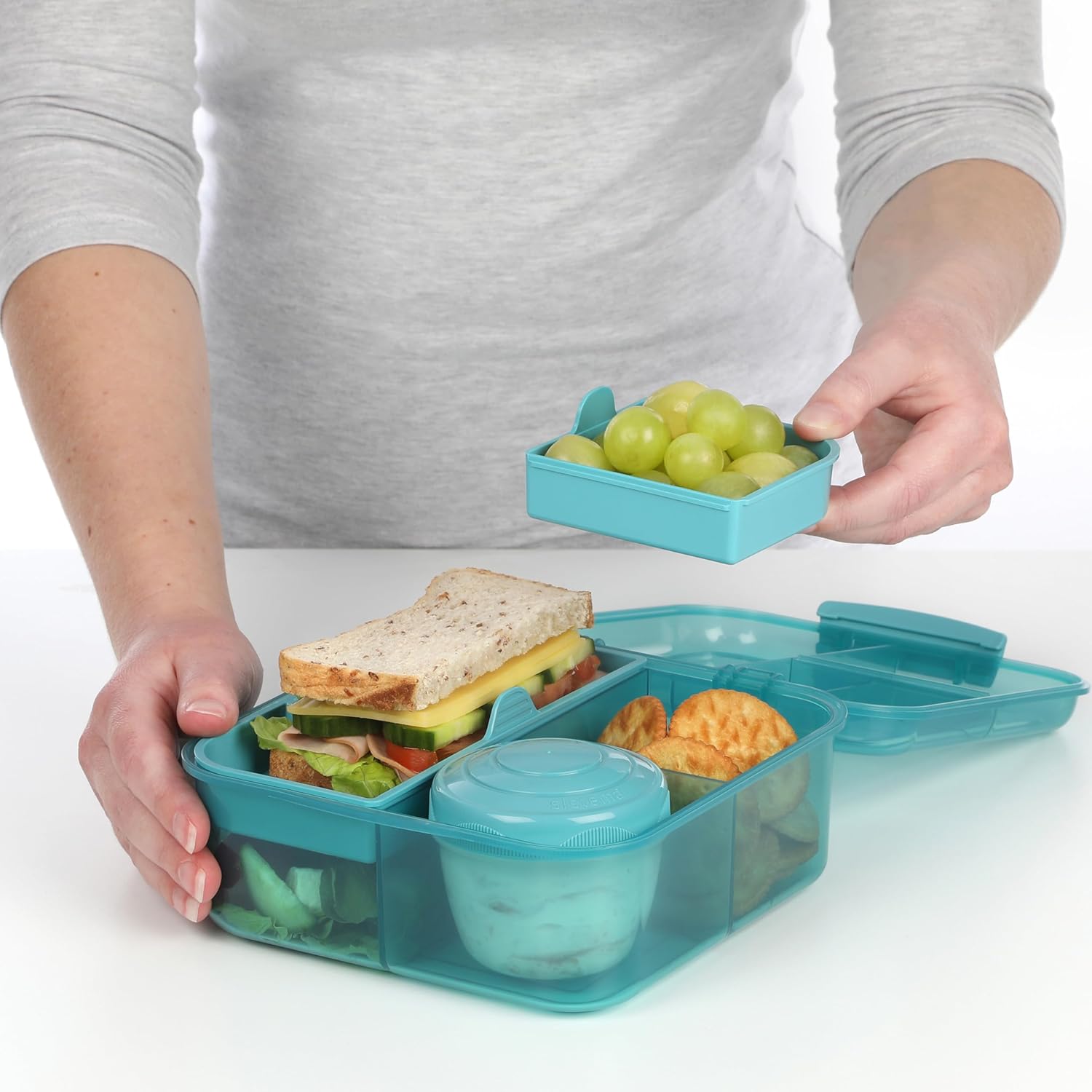 Sistema Bento Box Ocean Bound Plastic Lunch Box with Compartments, 1.25 L Lunch Box with Yoghurt/Fruit Container, Lunch Box Children and Adults, Made with Recycled Plastic, Turquoise – Bild 5
