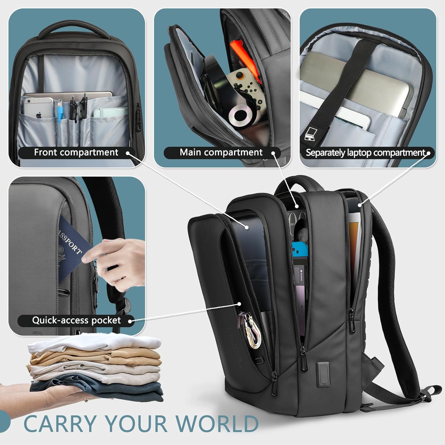 Men's Laptop Business Backpack with Laptop Compartment with USB Charging Port, Theft-Proof Hand Luggage, Daypack, Water-Repellent, Multifunction Laptop Bag for Work, School, Travel – Bild 3