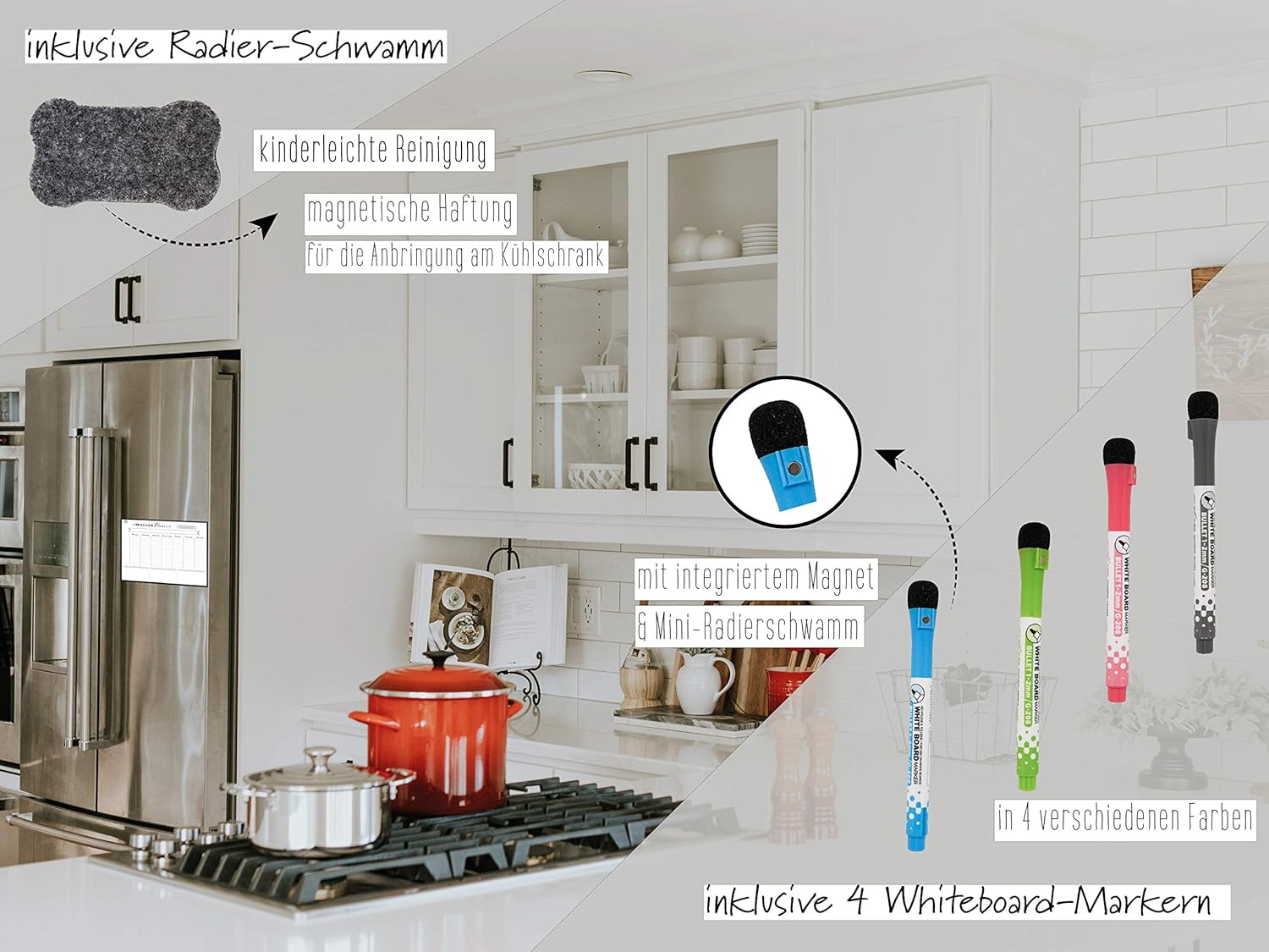 Rosenfeld Magnetic Weekly Planner I Whiteboard for Fridge I Wipe Clean Magnetic Board for Organisation, Menu Planning and Shopping List I incl. 4 Markers and Erasers – Bild 4