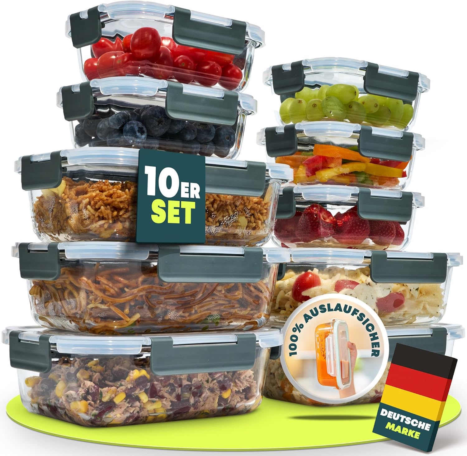 uandu Glass Container with Lid, 10-Piece Meal Prep Jars, Food Storage Containers Glass with Lid, Glass Jars with Lid Set, Meal Prep Boxes Glass