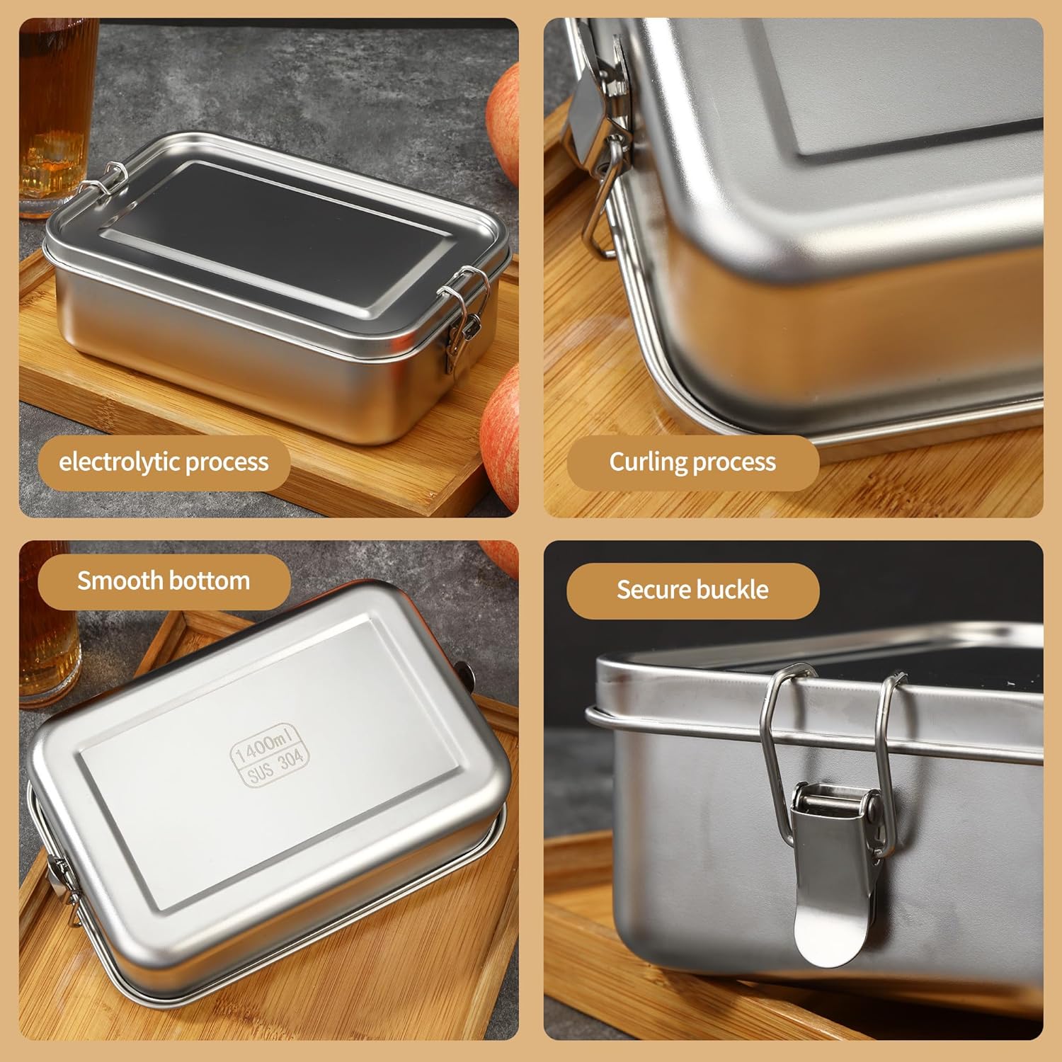Stainless Steel Lunch Box 1400 ml with Compartments for Children and Adults - Waterproof Lunch Box with 2 Sliding Dividers - Leak-Proof – Bild 6