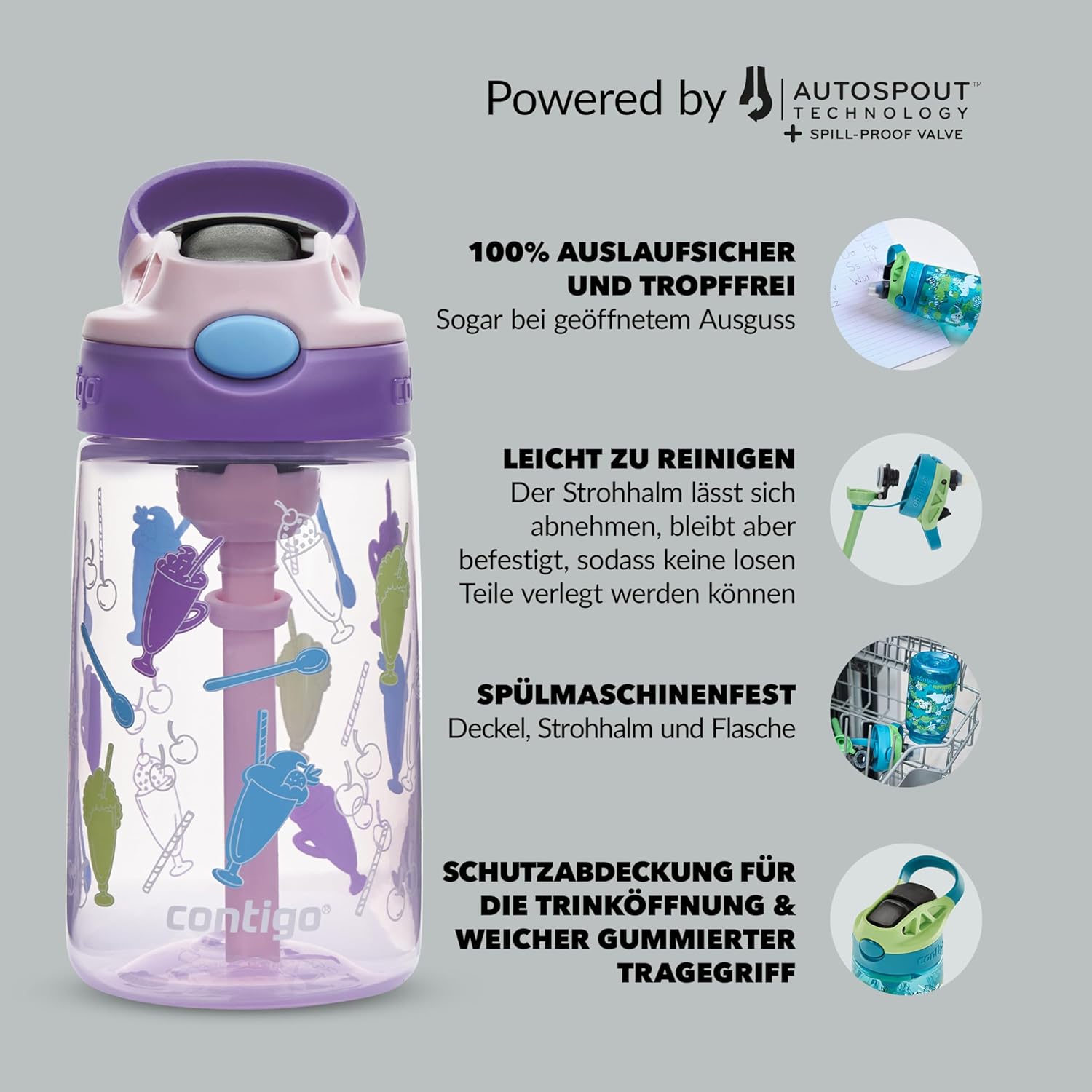 Contigo Kids Water Bottle Easy Clean Autospout with Straw, BPA-Free Durable Water Bottle, 100% Leak-Proof, Easy Cleaning, Ideal for Nursery, School and Sports, 420 ml – Bild 3