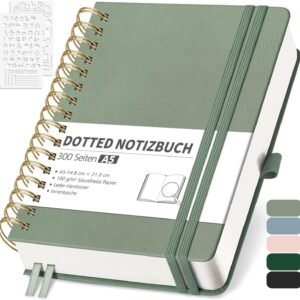 RETTACY Notebook A5 Dotted, Bullet Dot Journal with 100 g/m² Thick Paper, 150 Sheets, Notebook for Office and School, Leather Cover, Light Green, 14.8 cm x 21 cm