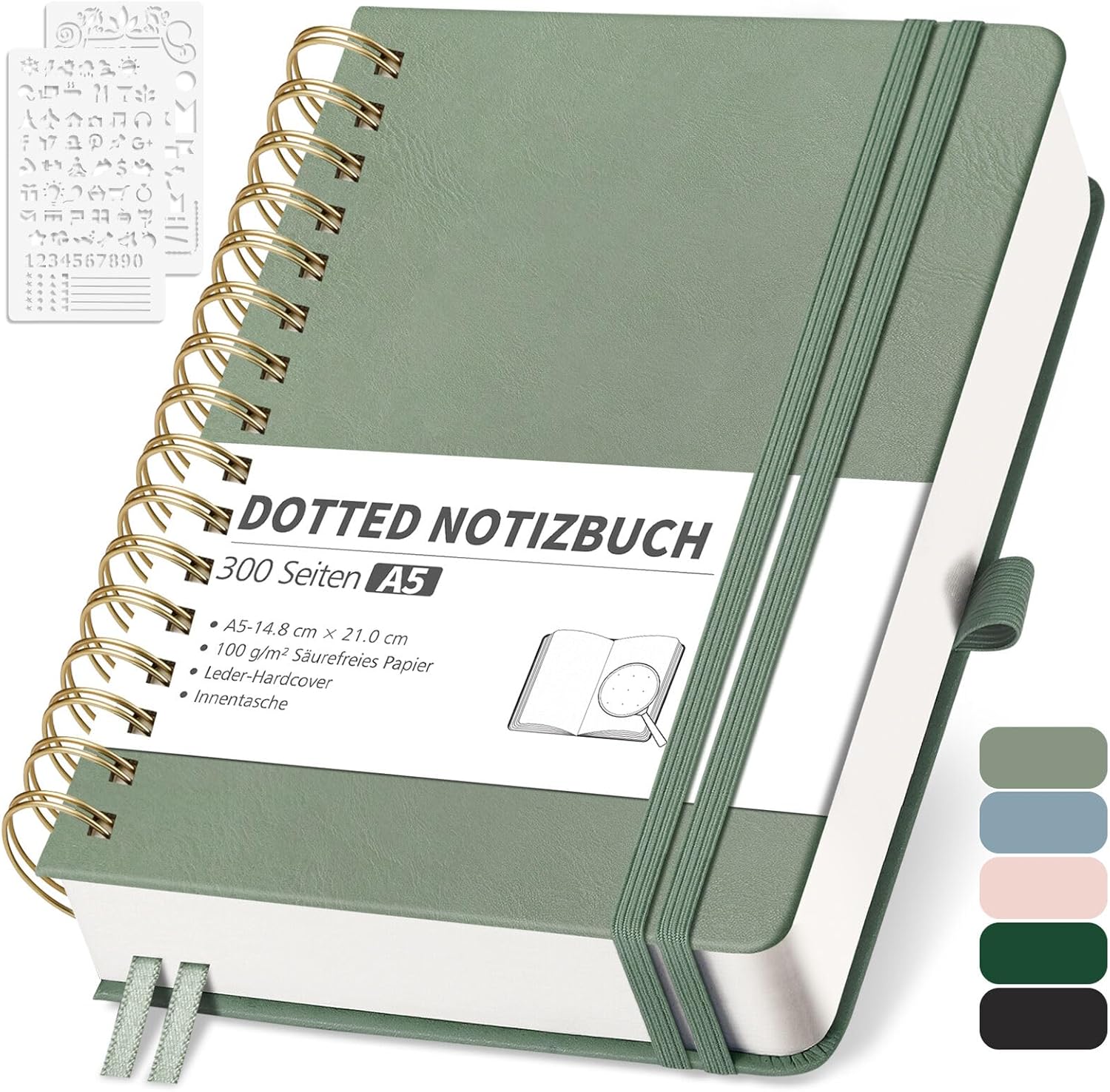 RETTACY Notebook A5 Dotted, Bullet Dot Journal with 100 g/m² Thick Paper, 150 Sheets, Notebook for Office and School, Leather Cover, Light Green, 14.8 cm x 21 cm