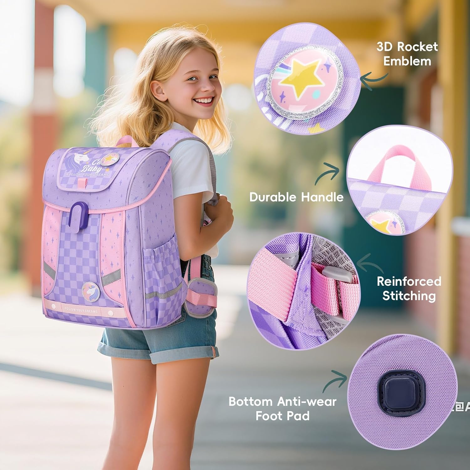 School Backpack Girls Boys Ergonomic 1-4th Class with Chest Strap, 2025 Children's Backpack School 6-10 Years School Bag with Removable Belt and Reflective -6187, purple, Rucksack Backpacks – Bild 2