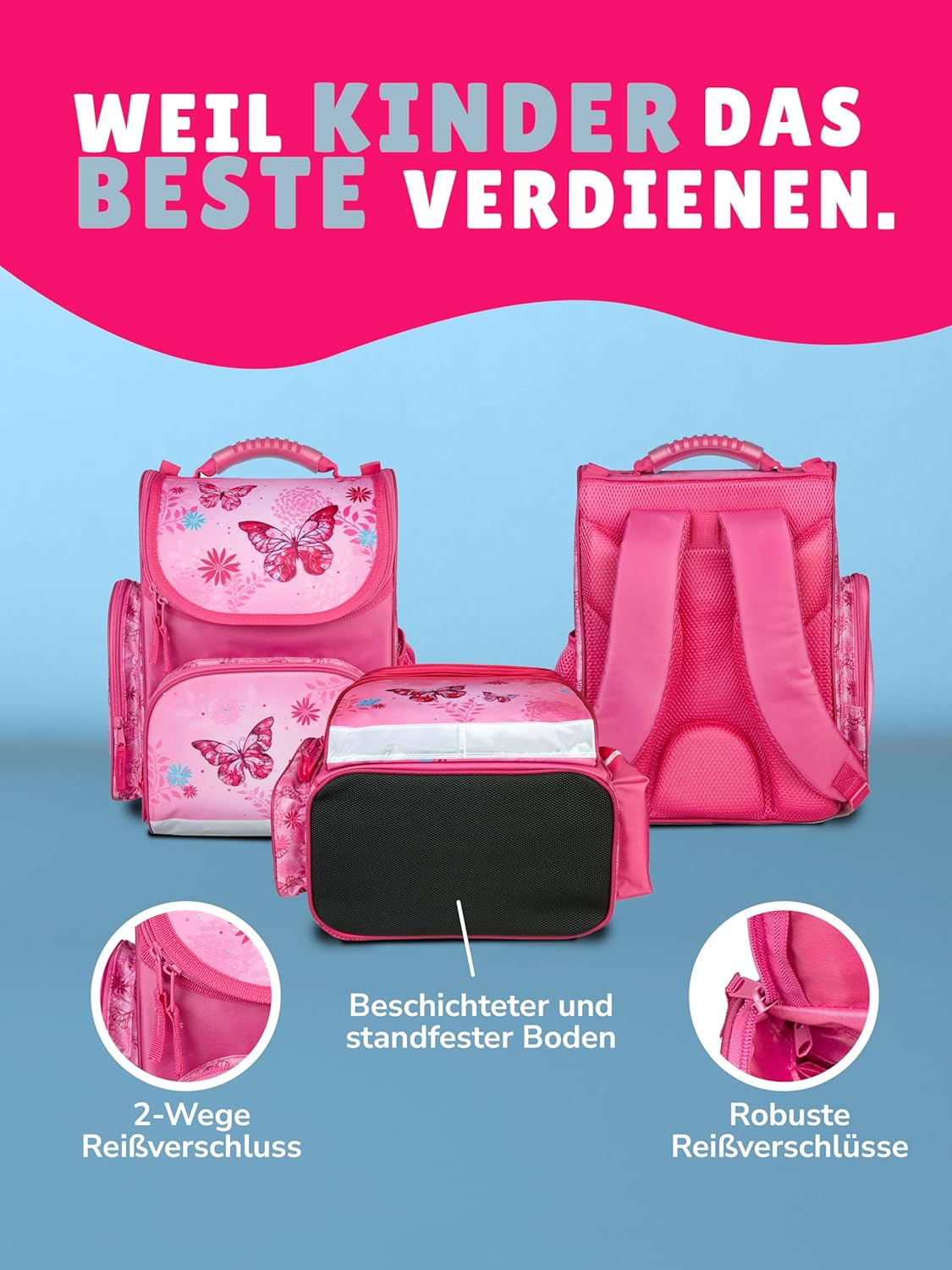 Familando School Bag 1st Class · Ergonomic Satchel · School Bag for Boys and Girls (9-Piece Set with Sports Bag, Butterfly Butterflies Pink) – Bild 5