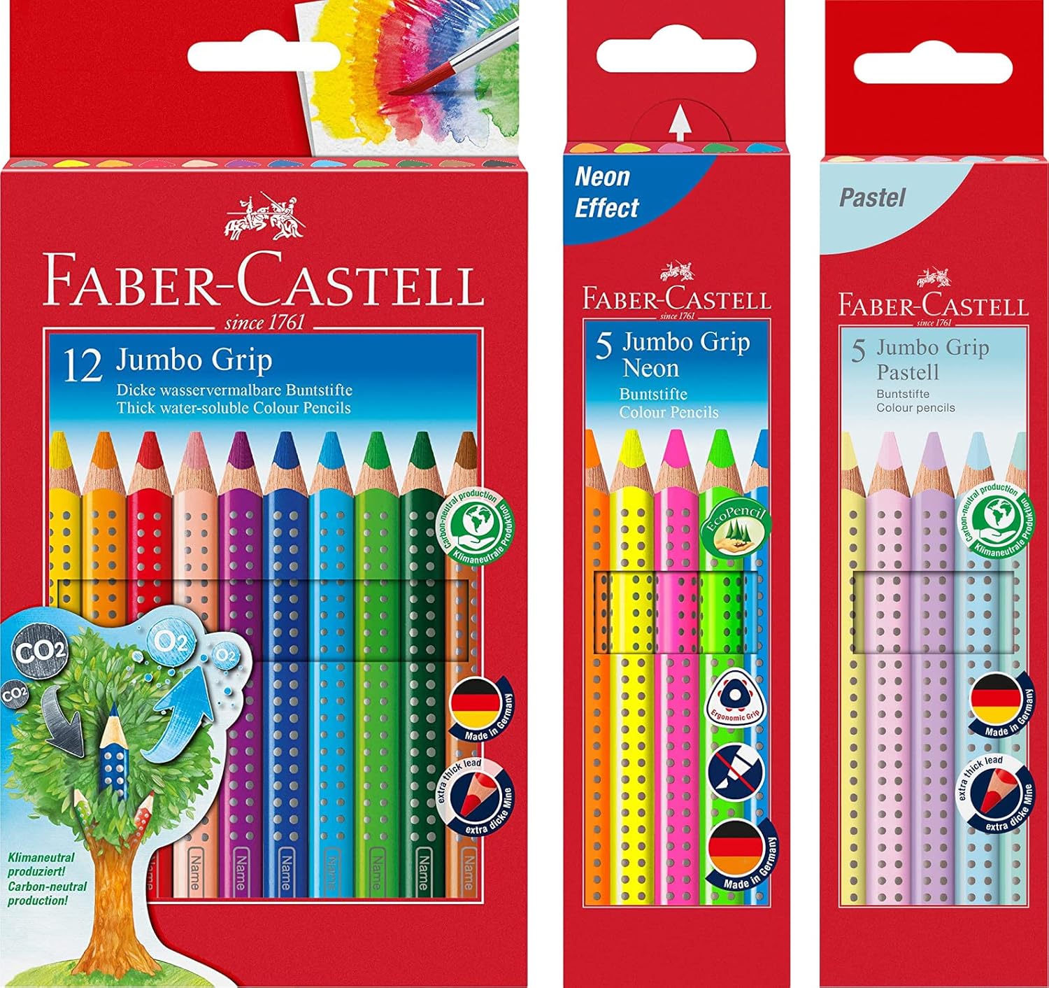 Faber-Castell - Jumbo Grip Colouring Pencils, Cardboard Case of 12 + 5 Jumbo Grip Neon Colours + 5 Pastel Colours