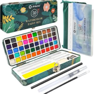 Artecho Aquarellfarben Set 50 Farben in Tragbarer Box Inklusive 4 Fluoreszierende, Wasserfarben with Aquarellpapier, pinsel und andere Zeichnung Werkzeuge, Ideal für Künstler und Hobbymaler
