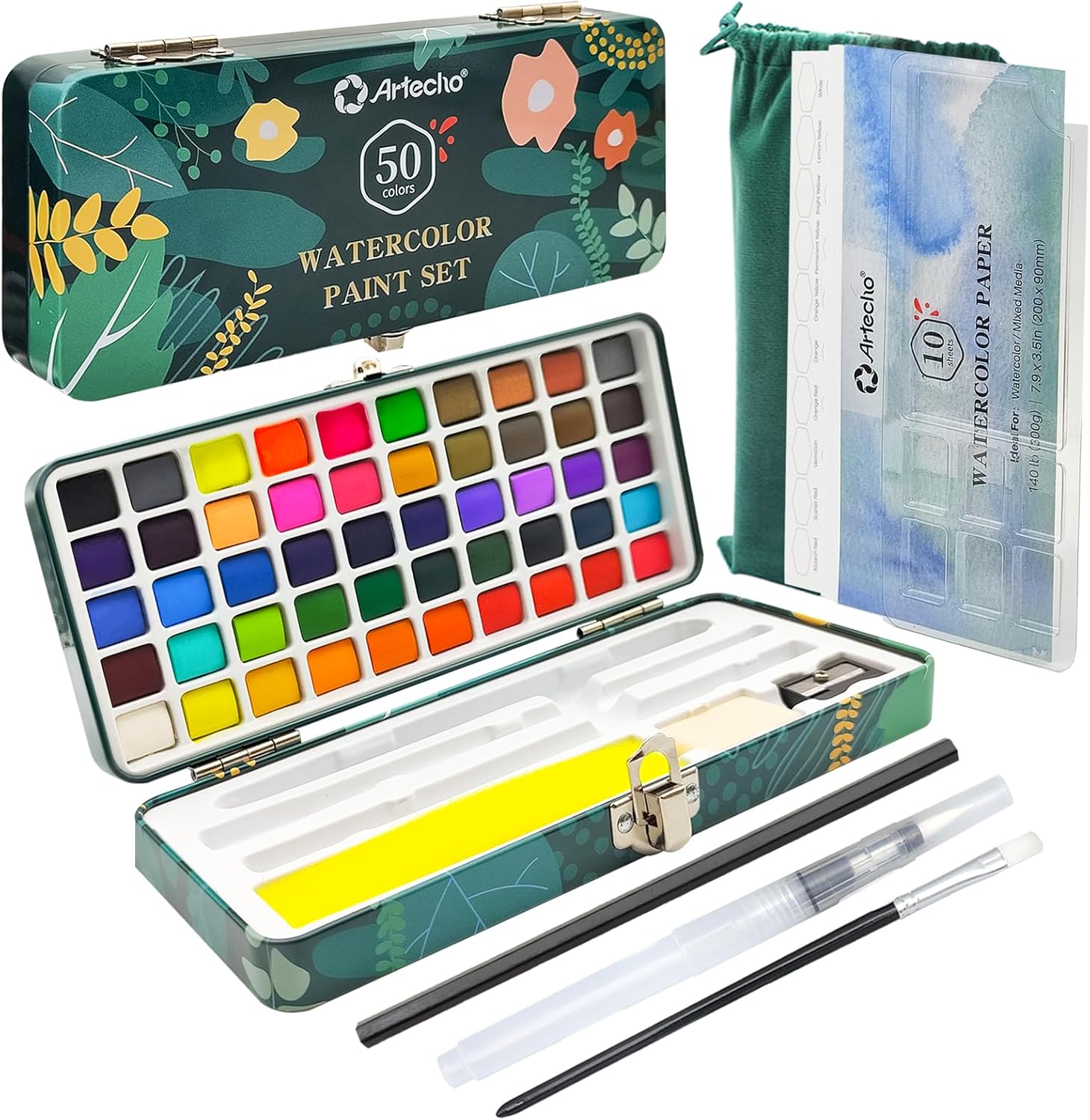 Artecho Aquarellfarben Set 50 Farben in Tragbarer Box Inklusive 4 Fluoreszierende, Wasserfarben with Aquarellpapier, pinsel und andere Zeichnung Werkzeuge, Ideal für Künstler und Hobbymaler