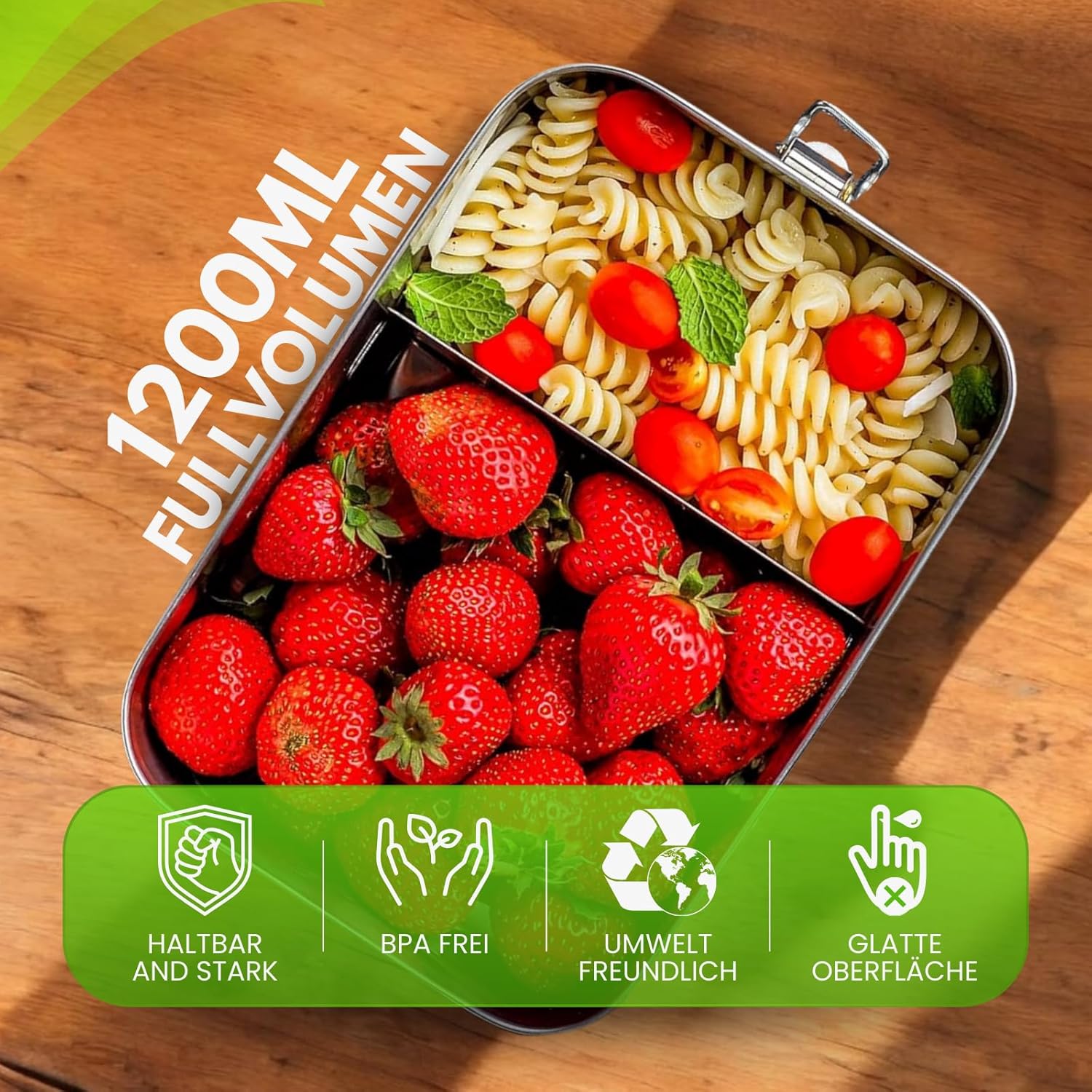 Stainless Steel Lunch Box with Compartments, 1200 ml, Lunch Box with Movable Divider and Cutlery, Leak-Proof Metal Lunch Box, BPA-Free, Dishwasher Safe, Reusable, for Adults and Children – Bild 5